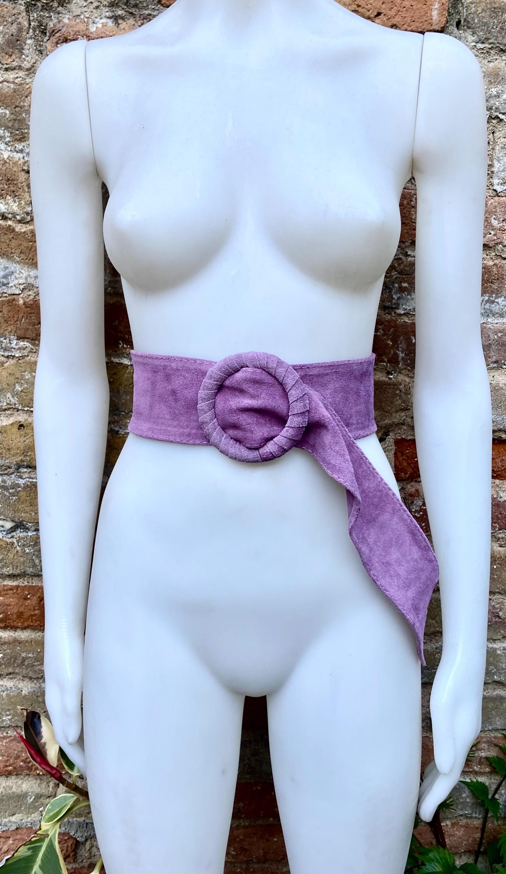 Purple suede waist belt with large round buckle. Boho soft suede belt in a deep mauve shade. Genuine natural purple suede leather
