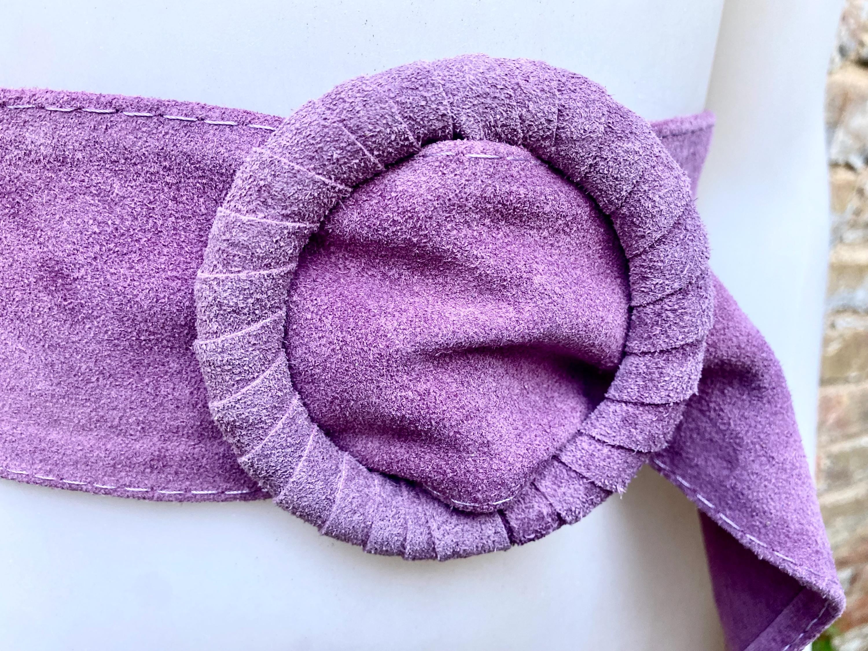 Purple suede waist belt with large round buckle. Boho soft suede belt in a deep mauve shade. Genuine natural purple suede leather