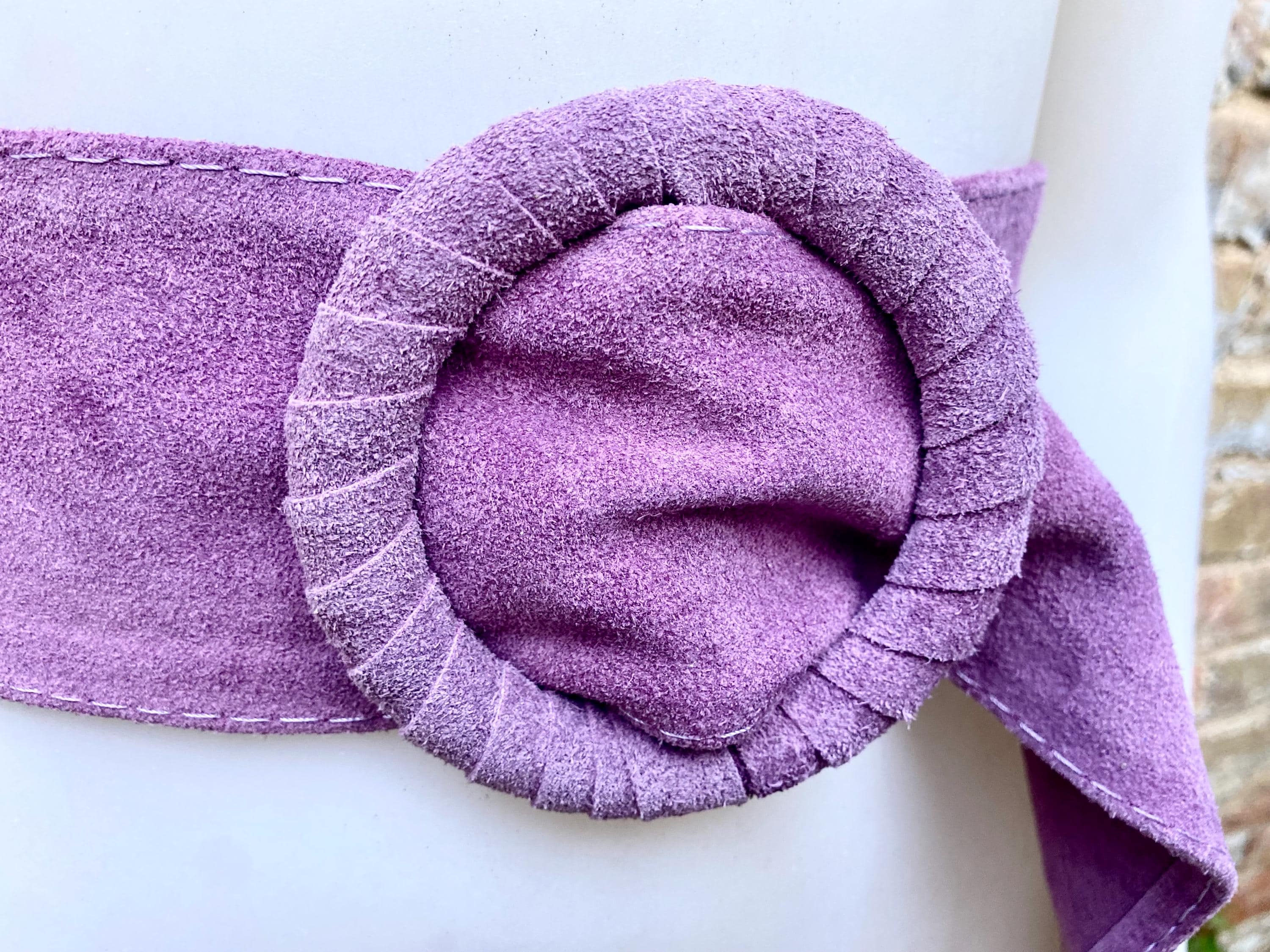 Purple suede waist belt with large round buckle. Boho soft suede belt in a deep mauve shade. Genuine natural purple suede leather