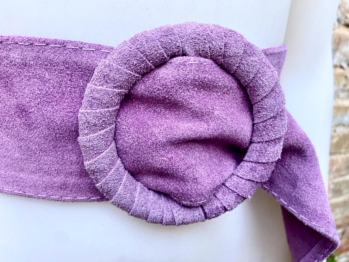 Purple suede waist belt with large round buckle. Boho soft suede belt in a deep mauve shade. Genuine natural purple suede leather