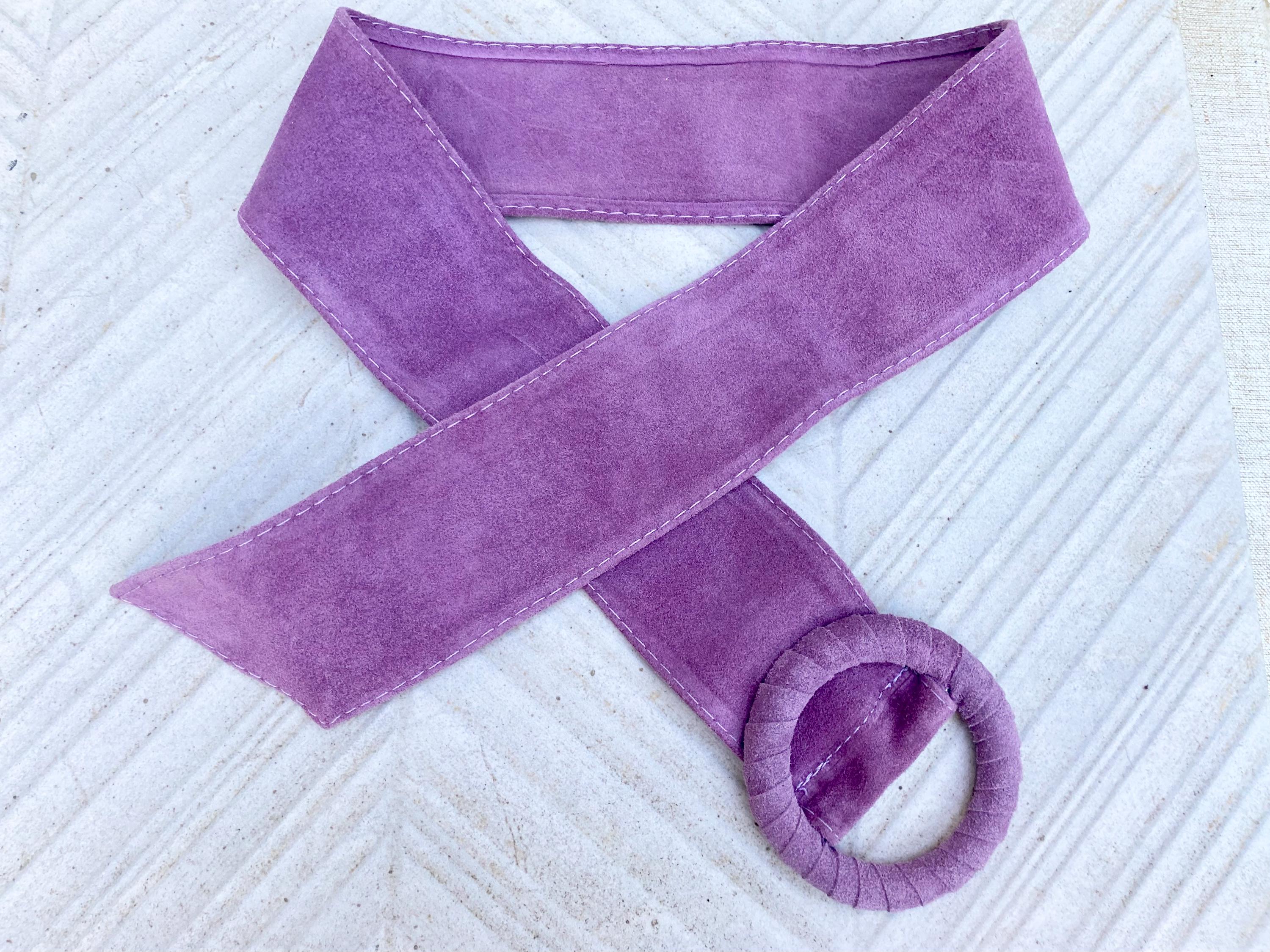 Purple suede waist belt with large round buckle. Boho soft suede belt in a deep mauve shade. Genuine natural purple suede leather