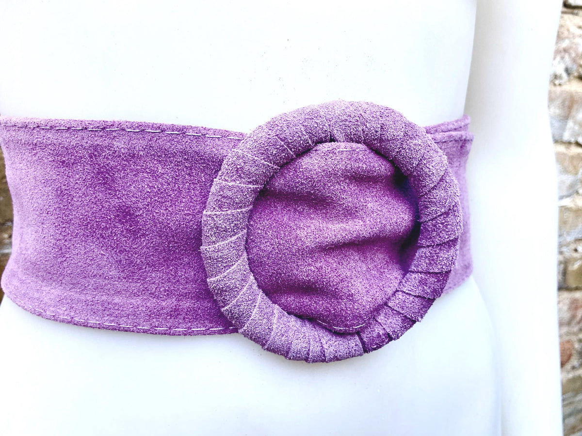 Purple suede waist belt with large round buckle. Boho soft suede belt in a deep mauve shade. Genuine natural purple suede leather
