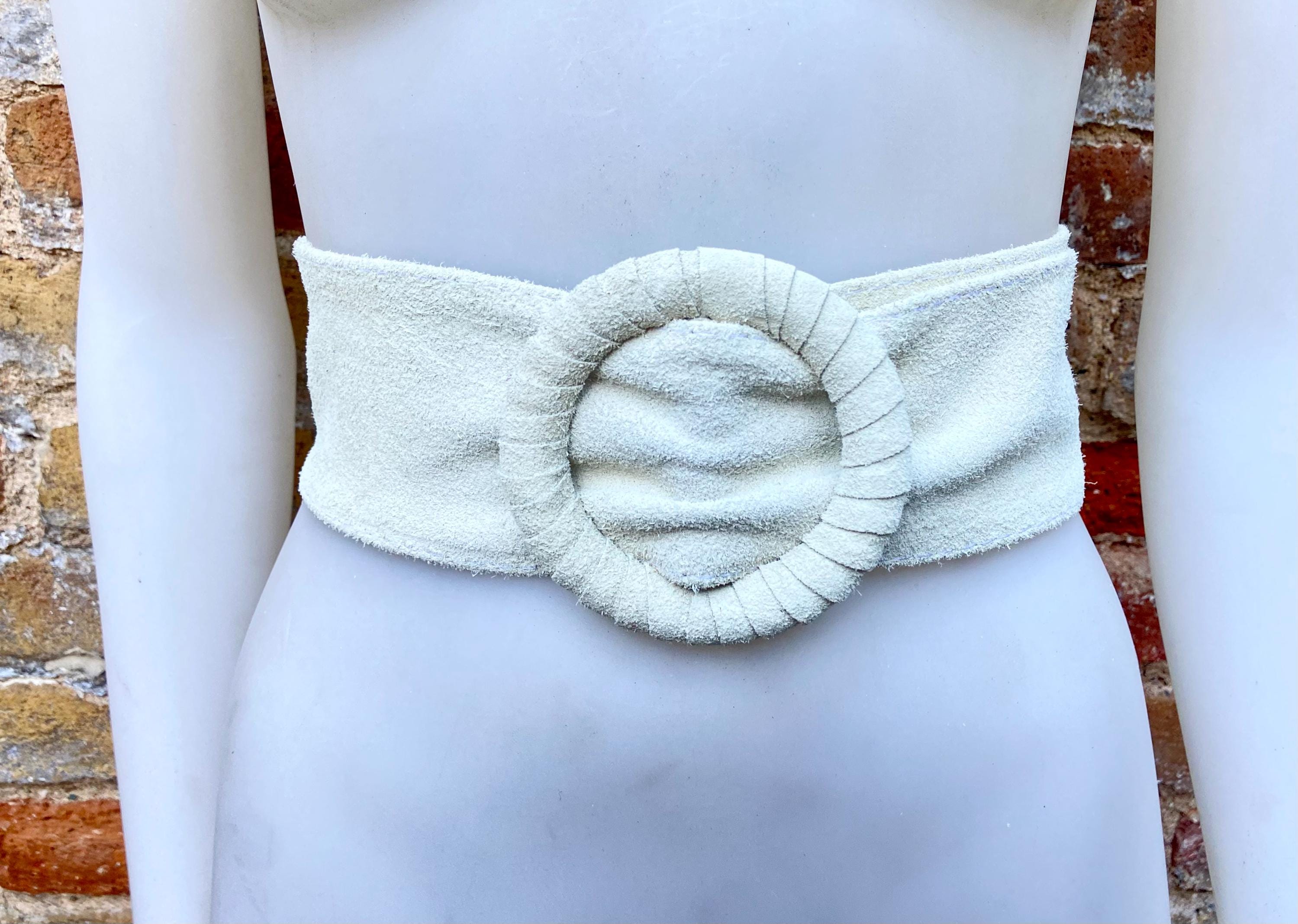 Cream suede waist belt with large round buckle. Broken white boho soft suede belt. Genuine suede leather. Cream dress/ overall belt.