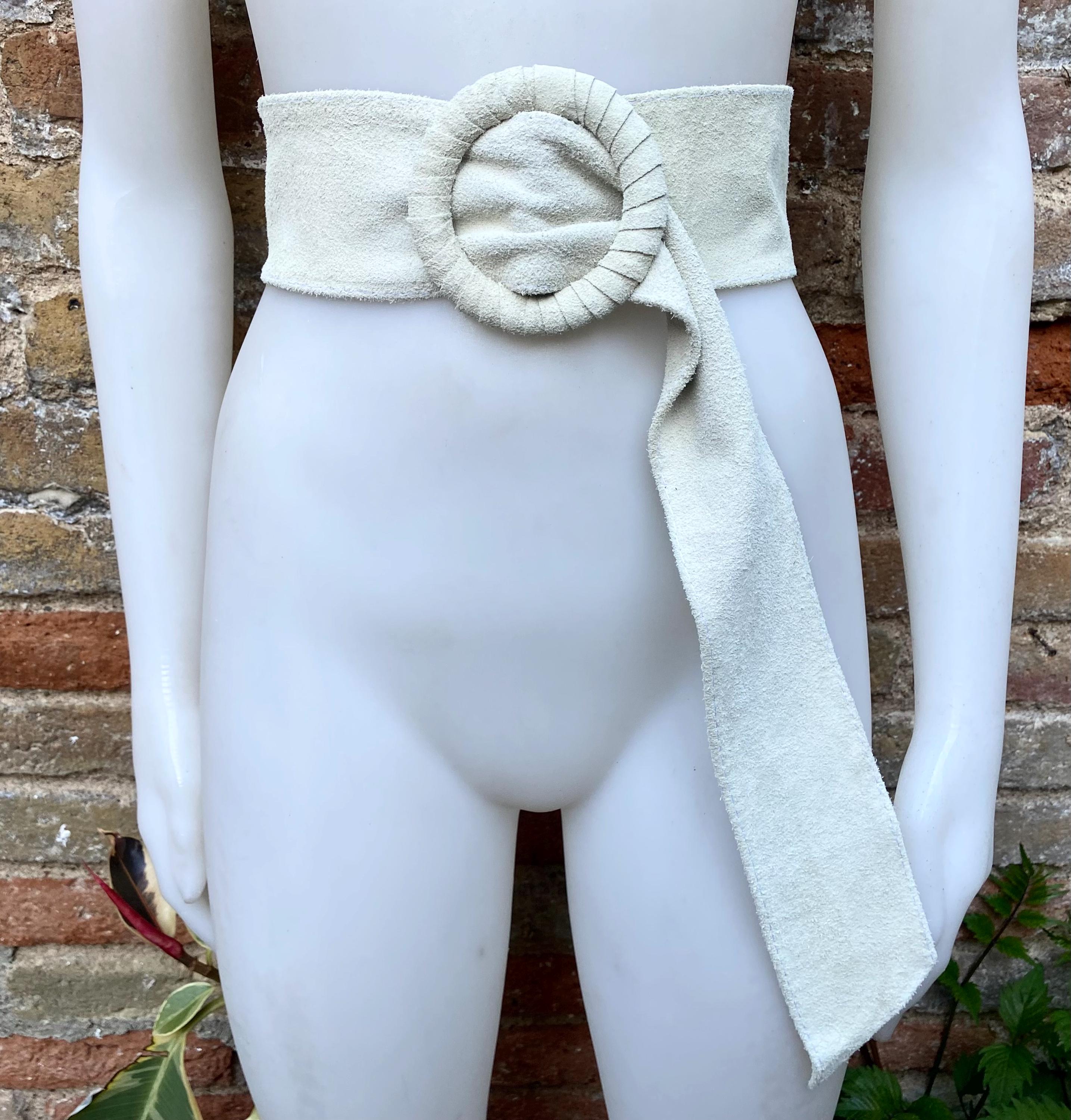 Cream suede waist belt with large round buckle. Broken white boho soft suede belt. Genuine suede leather. Cream dress/ overall belt.