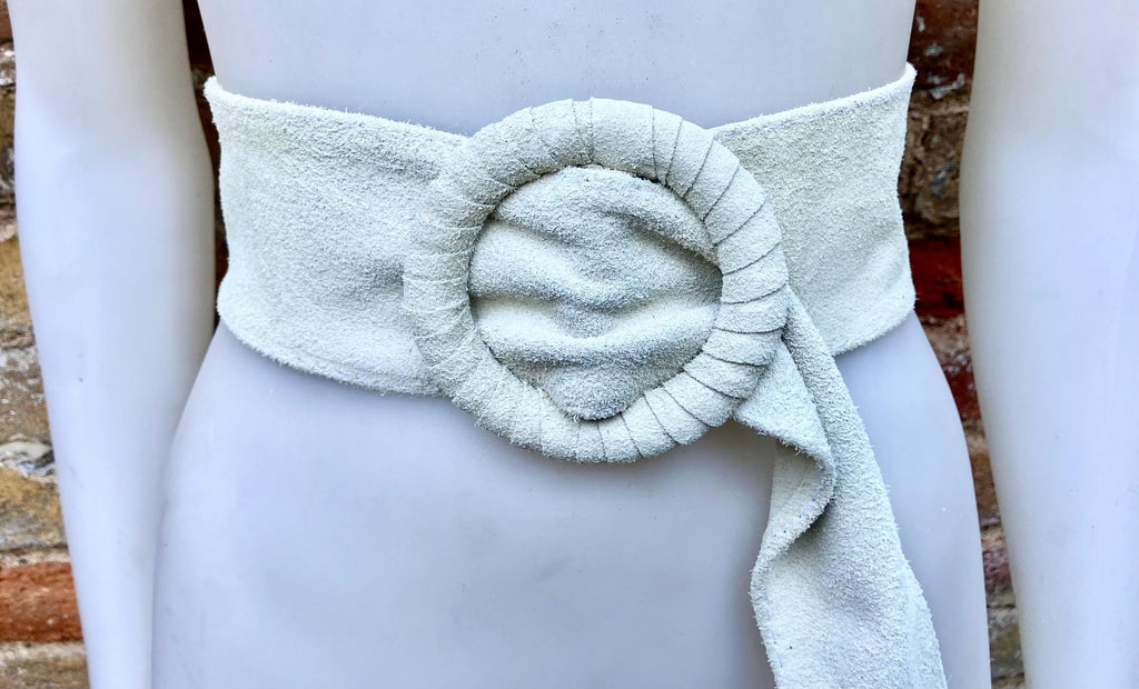 Cream suede waist belt with large round buckle. Broken white boho soft suede belt. Genuine suede leather. Cream dress/ overall belt.