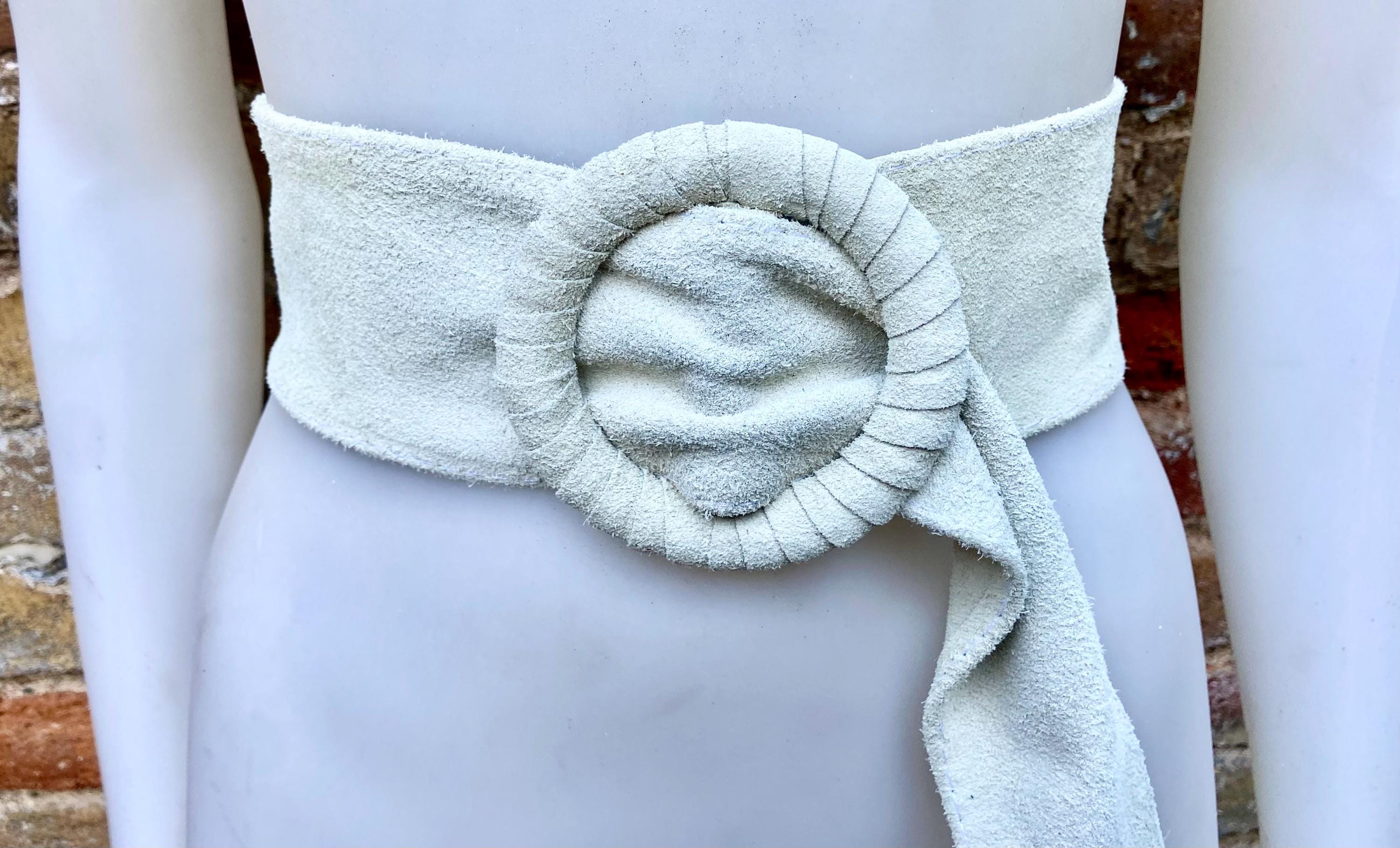 Cream suede waist belt with large round buckle. Broken white boho soft suede belt. Genuine suede leather. Cream dress/ overall belt.