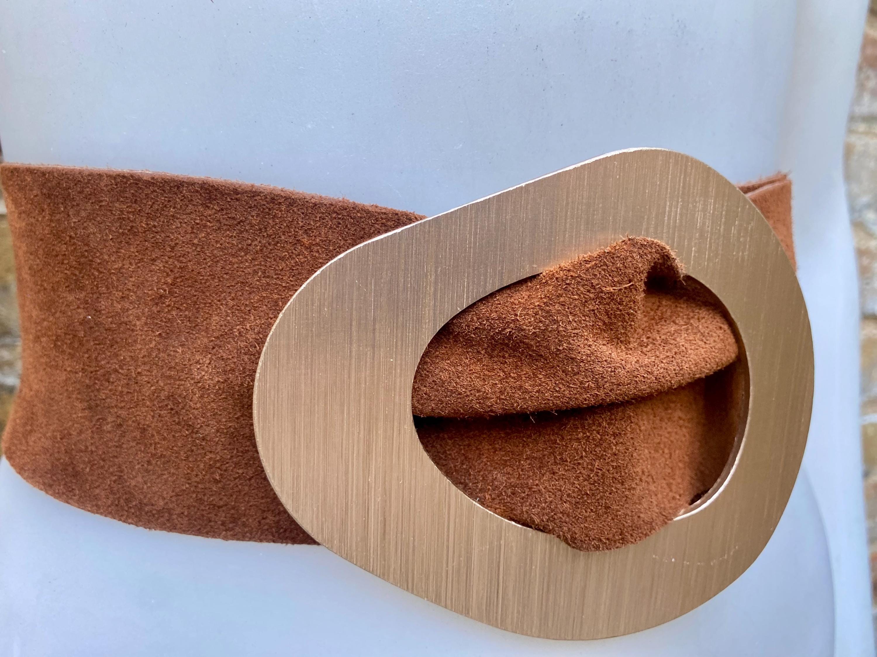 Rusty brown suede waist belt with large metal buckle. Soft suede belt in saddle brown. Camel boho suede belt. Genuine natural suede leather.