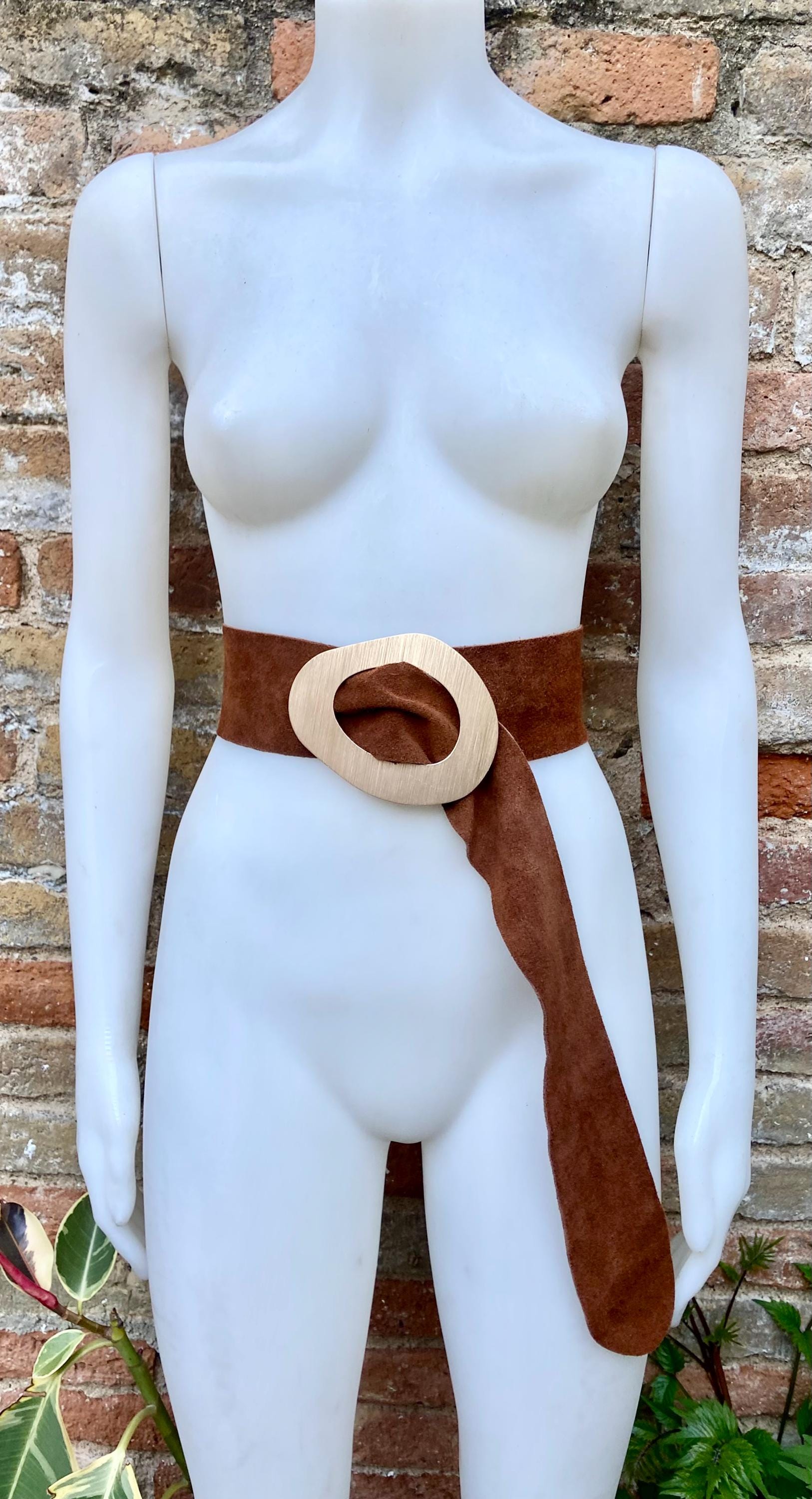 Rusty brown suede waist belt with large metal buckle. Soft suede belt in saddle brown. Camel boho suede belt. Genuine natural suede leather.