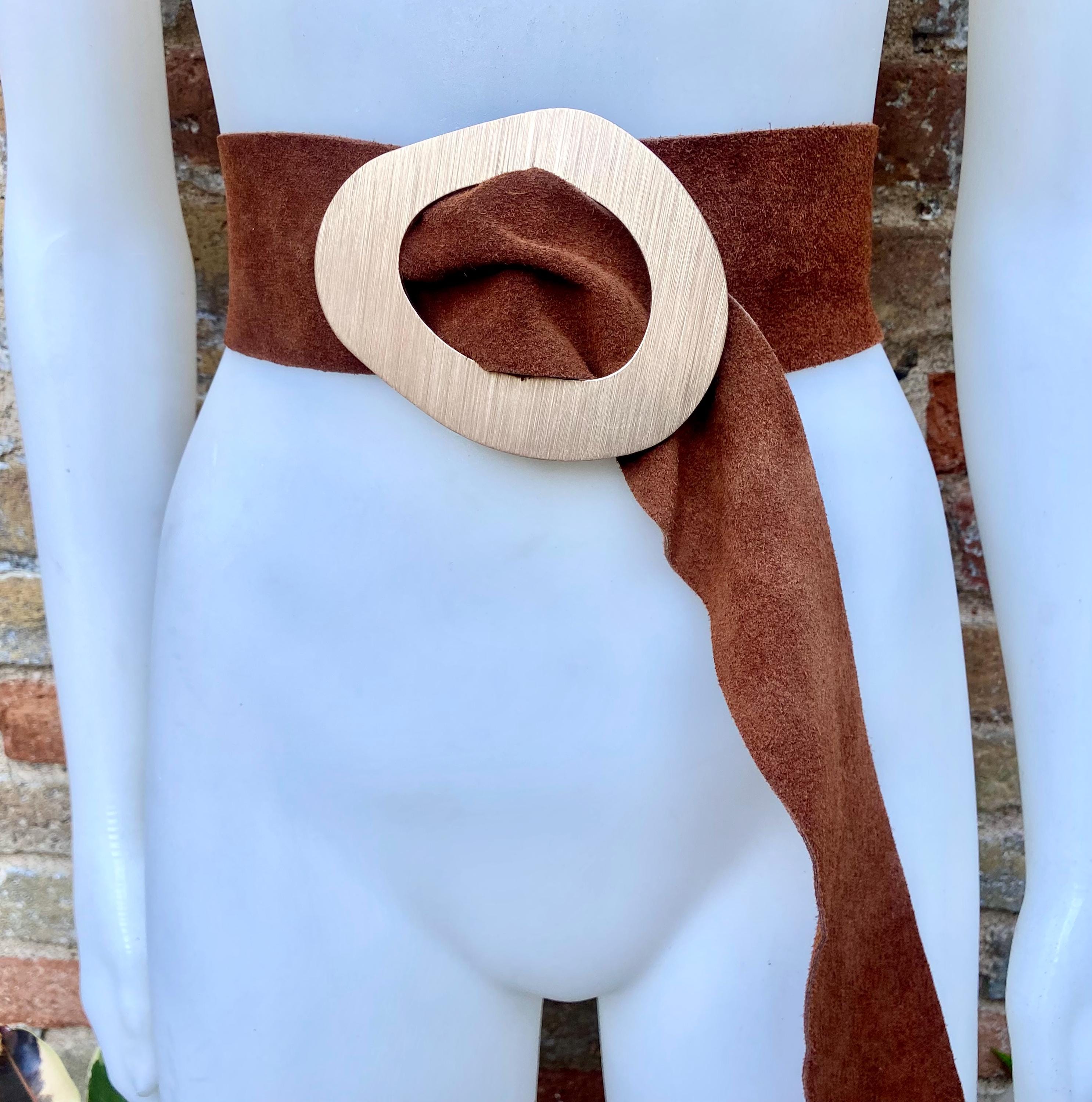 Rusty brown suede waist belt with large metal buckle. Soft suede belt in saddle brown. Camel boho suede belt. Genuine natural suede leather.
