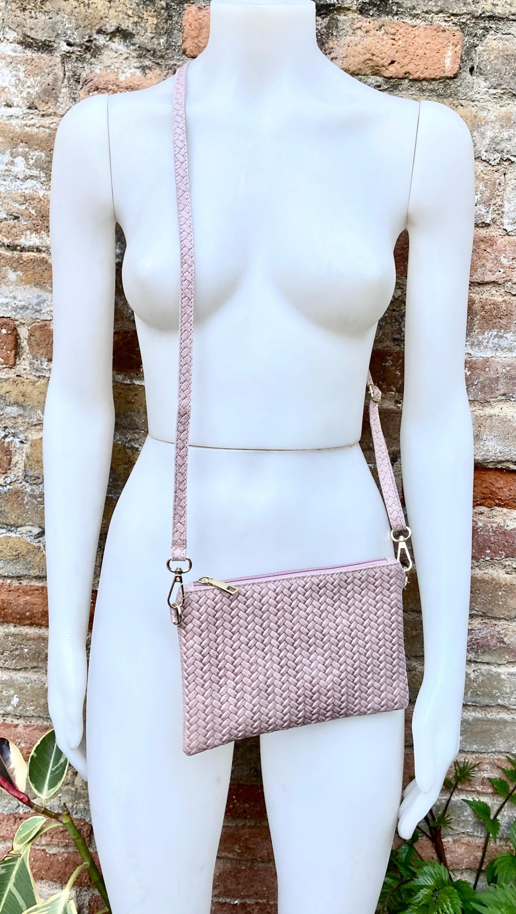 Small leather bag in light dusty pink. Embossed genuine leather. Cross body / shoulder bag / wristlet Pink purse with adjustable strap.
