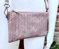 Small leather bag in light dusty pink. Embossed genuine leather. Cross body / shoulder bag / wristlet Pink purse with adjustable strap.
