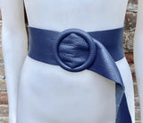 Navy leather waist belt with large round buckle. Soft leather belt in blue .Genuine leather dark blue dress belt. Wide blue waist belt