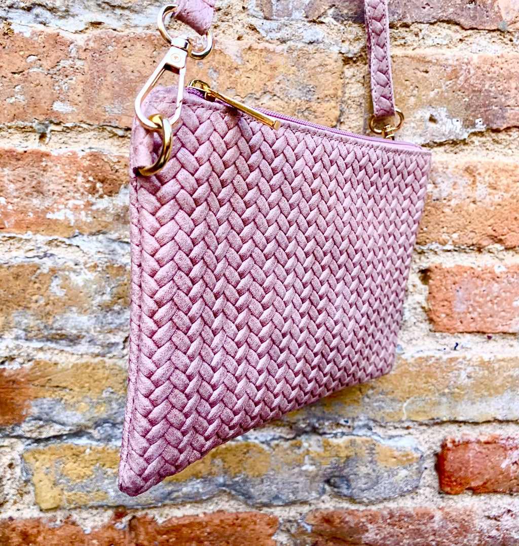 Small leather bag in light dusty pink. Embossed genuine leather. Cross body / shoulder bag / wristlet Pink purse with adjustable strap.