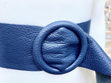 Navy leather waist belt with large round buckle. Soft leather belt in blue .Genuine leather dark blue dress belt. Wide blue waist belt