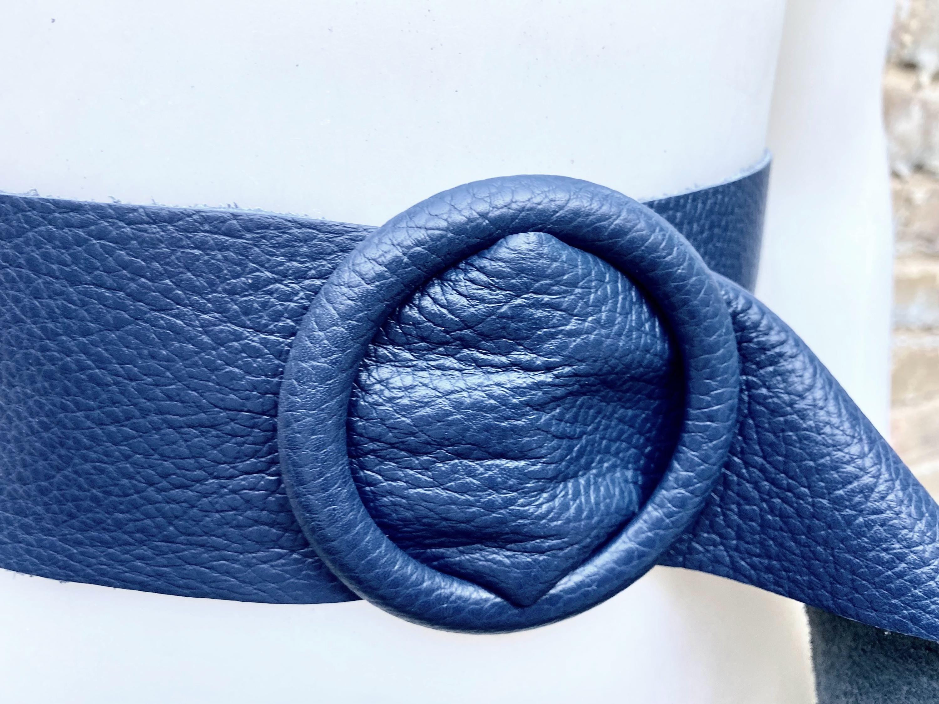 Navy leather waist belt with large round buckle. Soft leather belt in blue .Genuine leather dark blue dress belt. Wide blue waist belt