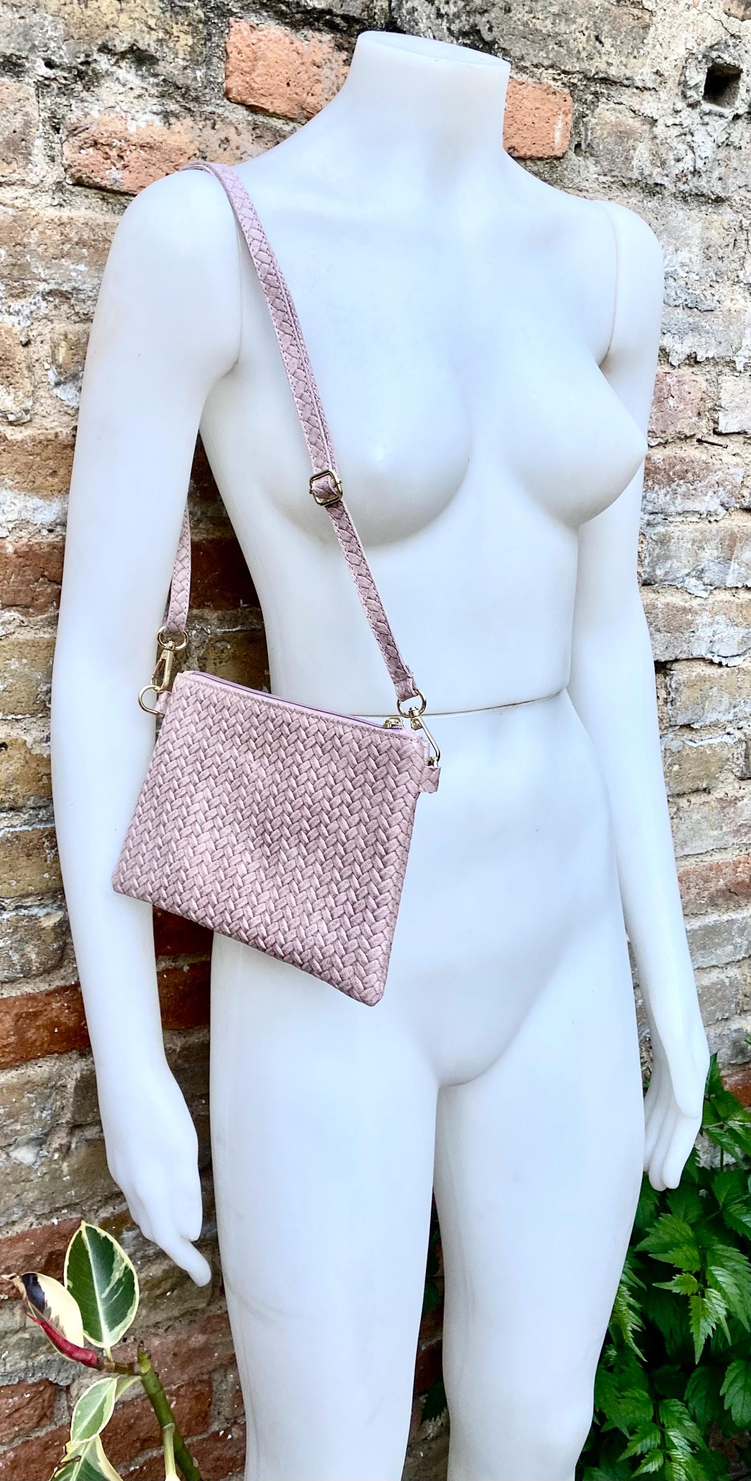 Small leather bag in light dusty pink. Embossed genuine leather. Cross body / shoulder bag / wristlet Pink purse with adjustable strap.