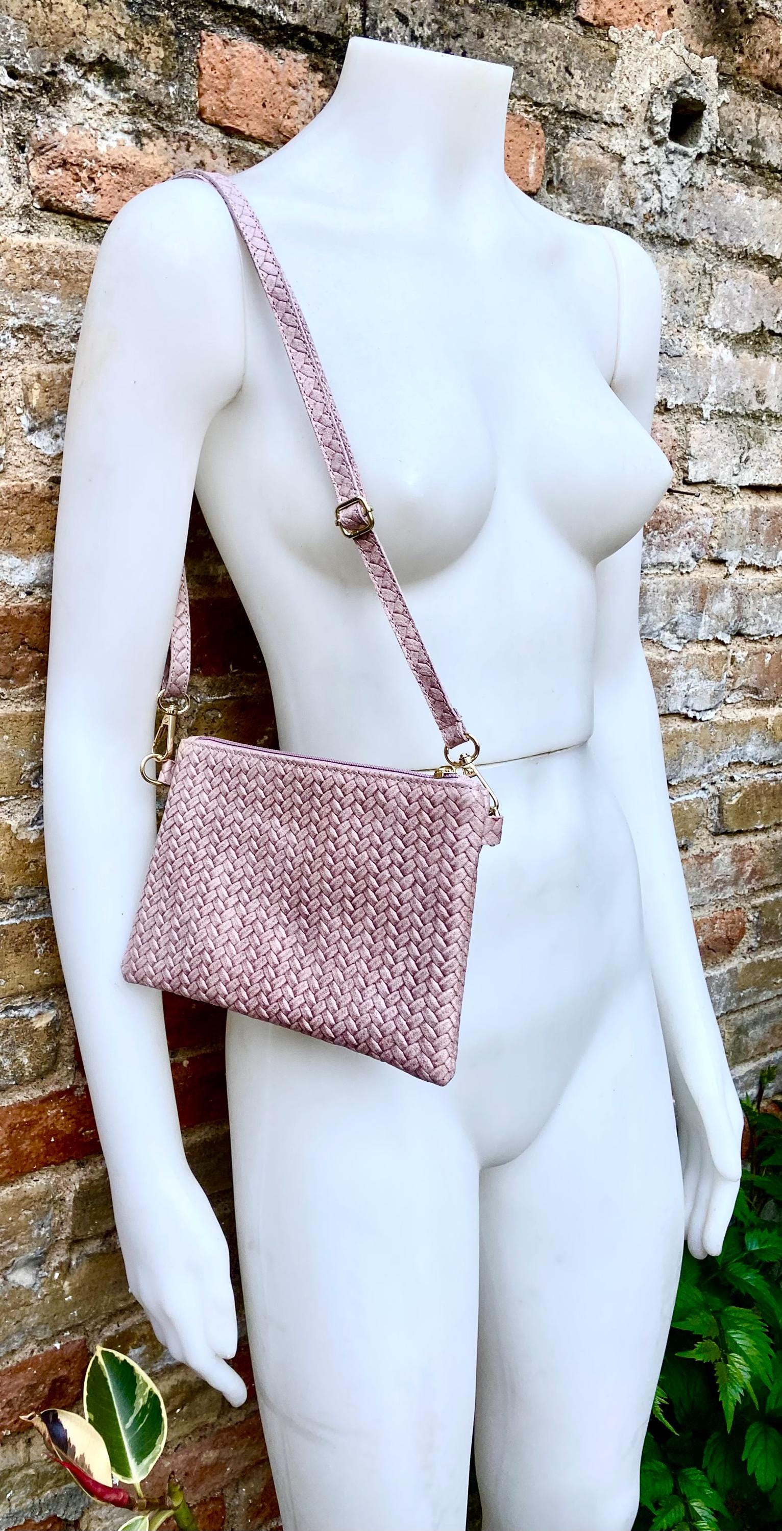 Small leather bag in light dusty pink. Embossed genuine leather. Cross body / shoulder bag / wristlet Pink purse with adjustable strap.