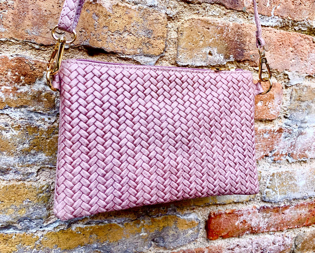 Small leather bag in light dusty pink. Embossed genuine leather. Cross body / shoulder bag / wristlet Pink purse with adjustable strap.