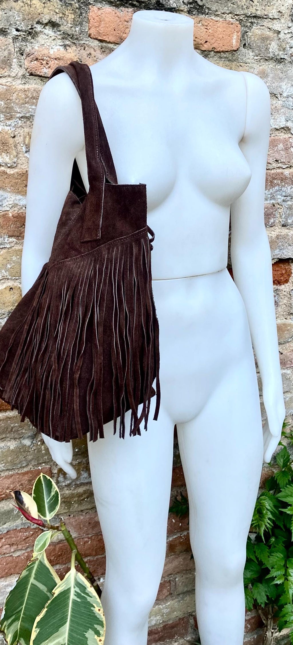 Dark brown fringed shopper bag. Genuine suede leather. Chocolate brown tote bag for laptops, tablets, books. Brown leather purse + fringes