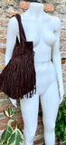 Dark brown fringed shopper bag. Genuine suede leather. Chocolate brown tote bag for laptops, tablets, books. Brown leather purse + fringes