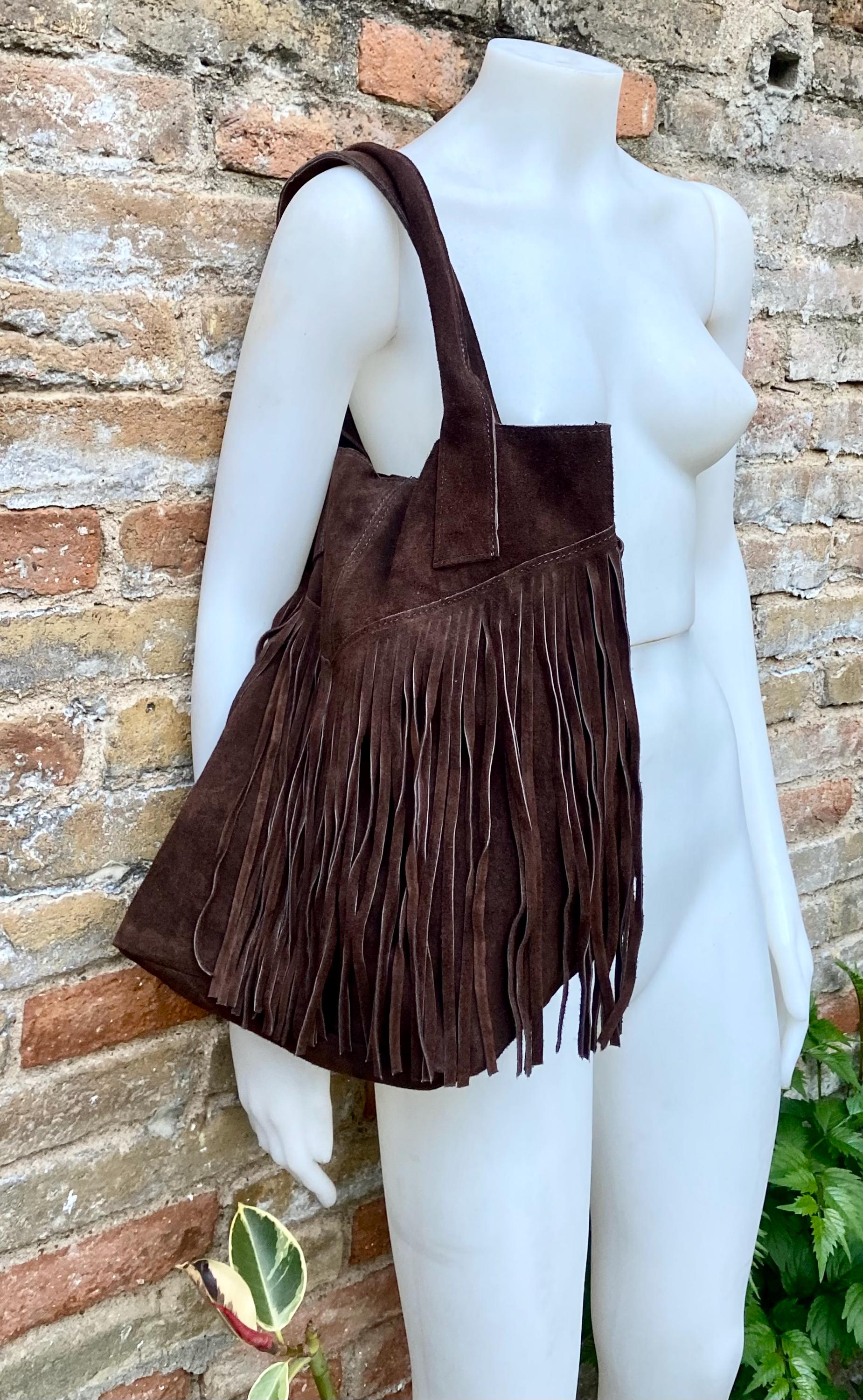 Dark brown fringed shopper bag. Genuine suede leather. Chocolate brown tote bag for laptops, tablets, books. Brown leather purse + fringes