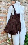 Dark brown fringed shopper bag. Genuine suede leather. Chocolate brown tote bag for laptops, tablets, books. Brown leather purse + fringes