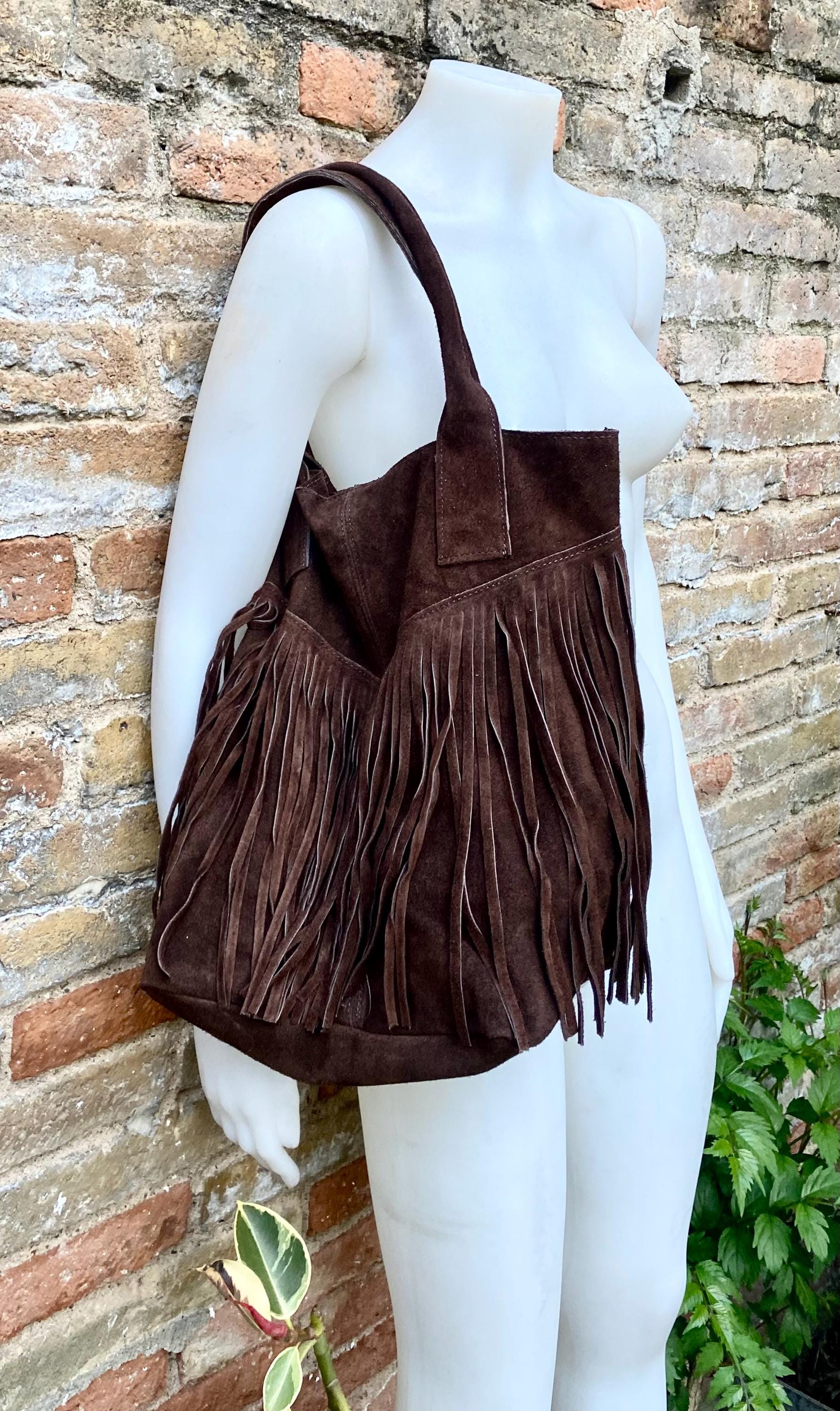 Dark brown fringed shopper bag. Genuine suede leather. Chocolate brown tote bag for laptops, tablets, books. Brown leather purse + fringes