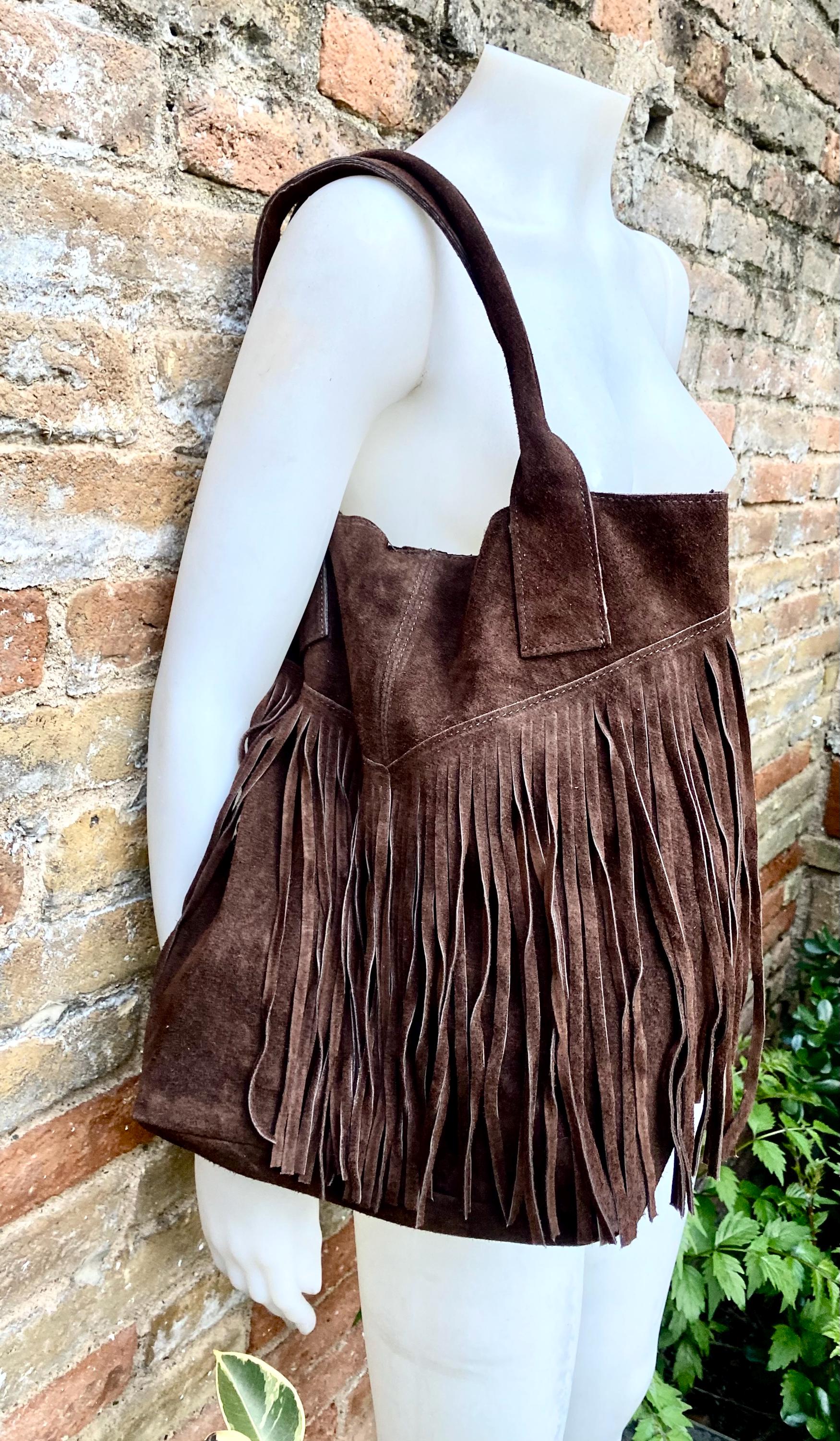 Dark brown fringed shopper bag. Genuine suede leather. Chocolate brown tote bag for laptops, tablets, books. Brown leather purse + fringes