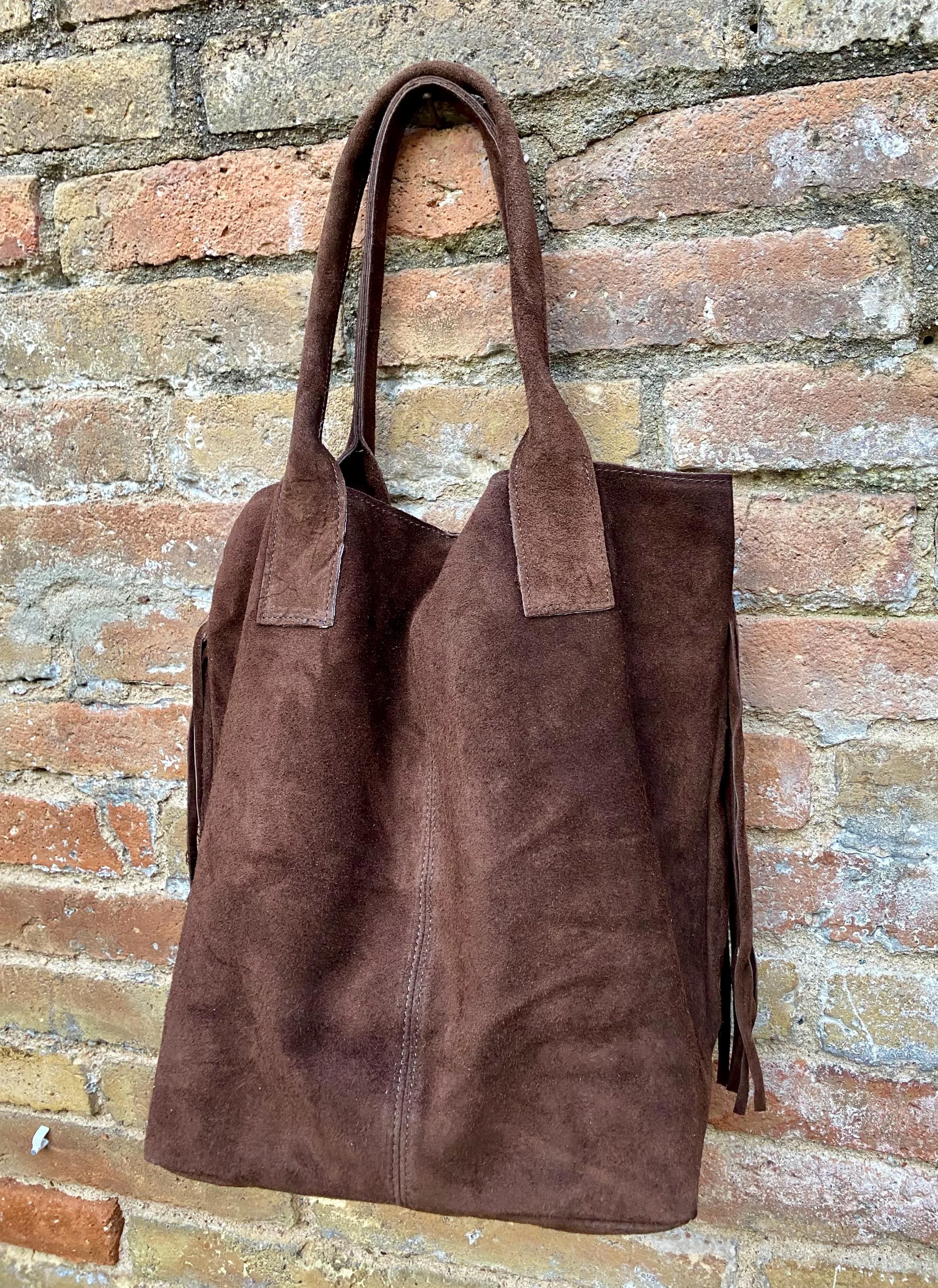 Dark brown fringed shopper bag. Genuine suede leather. Chocolate brown tote bag for laptops, tablets, books. Brown leather purse + fringes