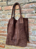 Dark brown fringed shopper bag. Genuine suede leather. Chocolate brown tote bag for laptops, tablets, books. Brown leather purse + fringes
