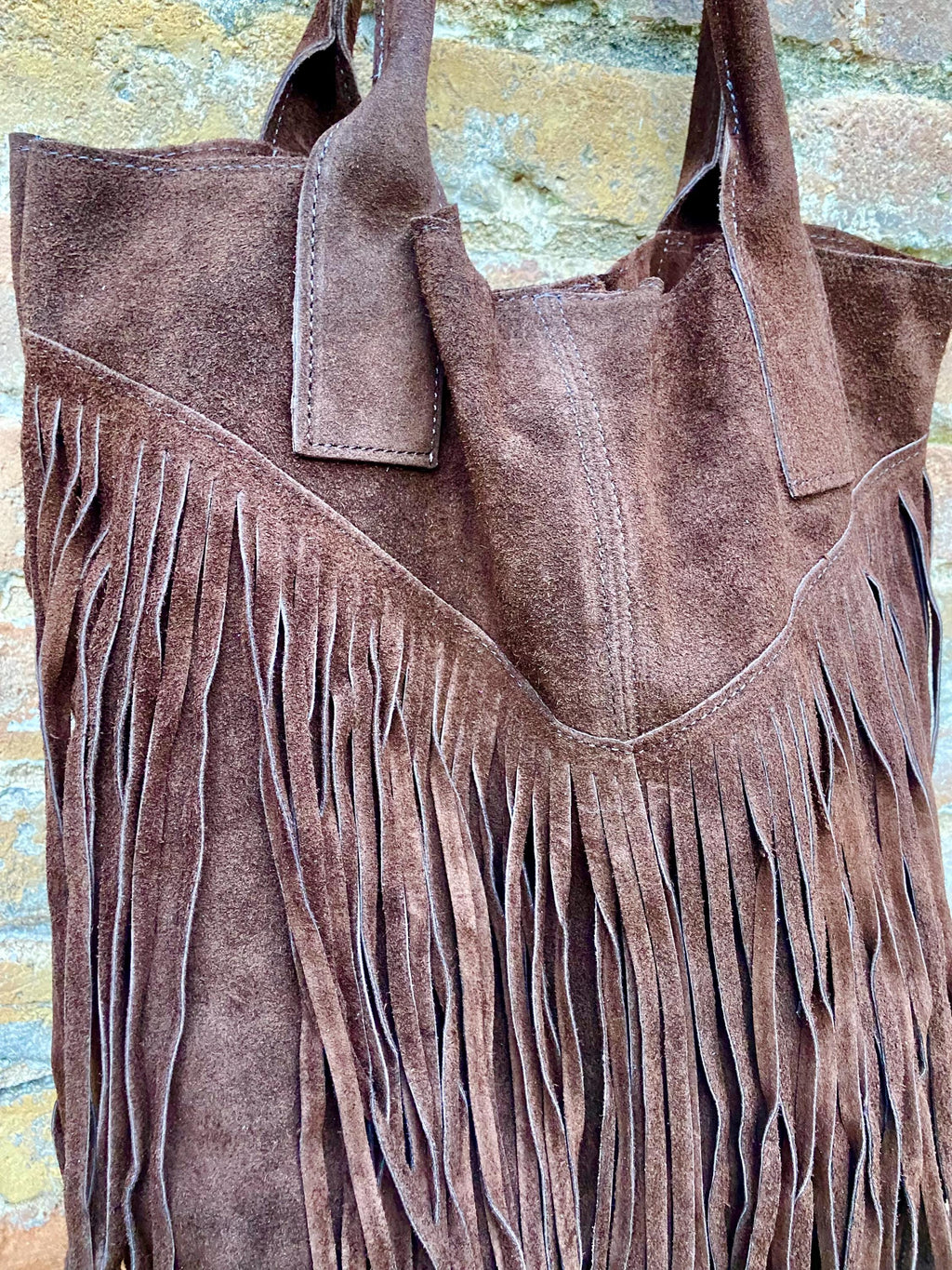 Dark brown fringed shopper bag. Genuine suede leather. Chocolate brown tote bag for laptops, tablets, books. Brown leather purse + fringes