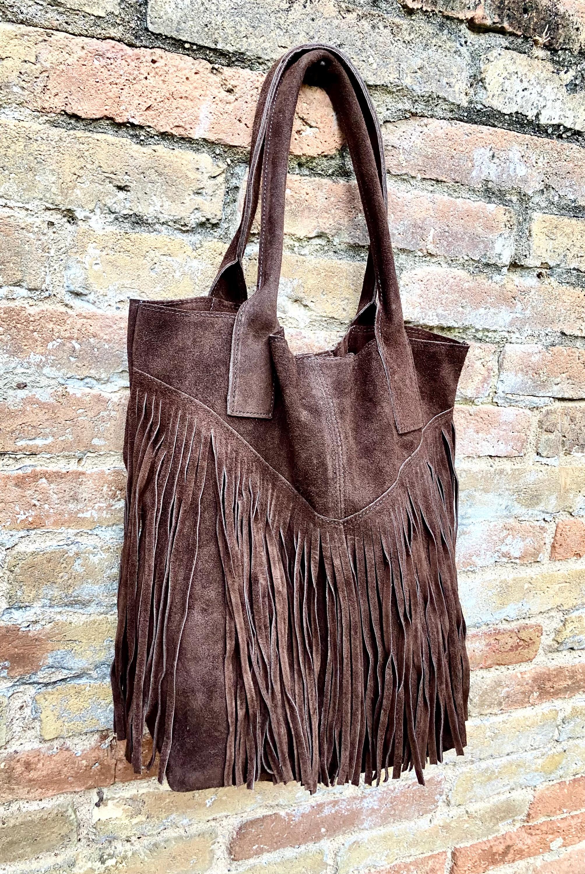Dark brown fringed shopper bag. Genuine suede leather. Chocolate brown tote bag for laptops, tablets, books. Brown leather purse + fringes