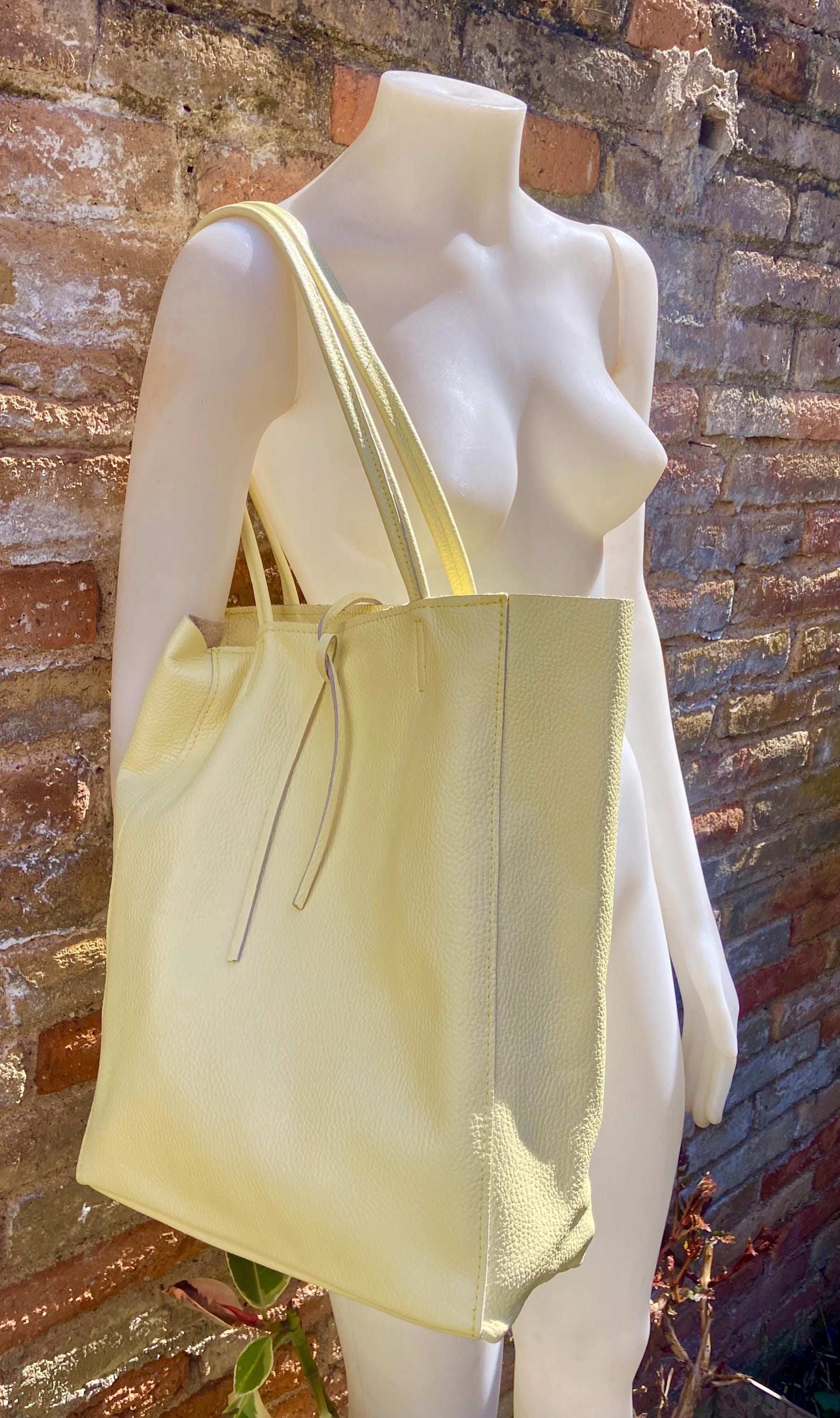 YELLOW tote leather bag. Soft natural GENUINE leather bag. Large light yellow leather shopper with ZIPPER. Vanilla laptop or book bag.