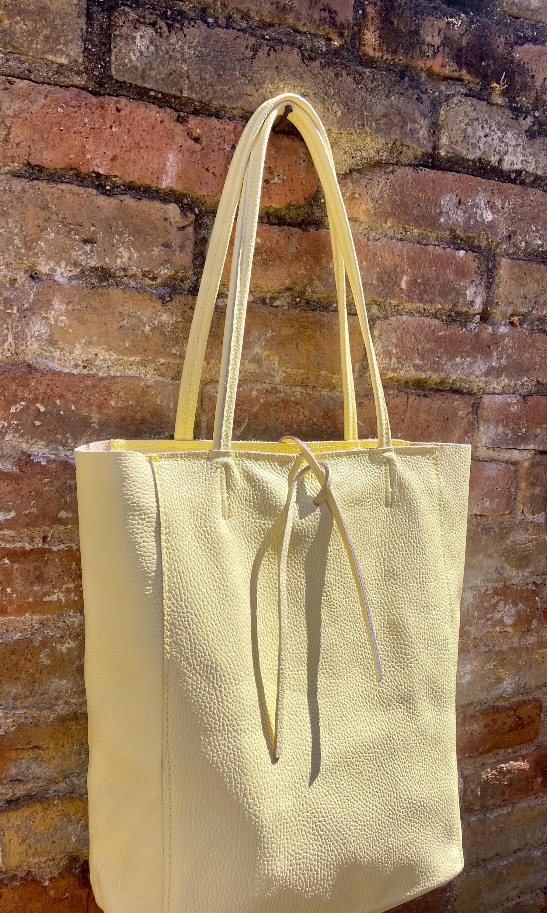 YELLOW tote leather bag. Soft natural GENUINE leather bag. Large light yellow leather shopper with ZIPPER. Vanilla laptop or book bag.