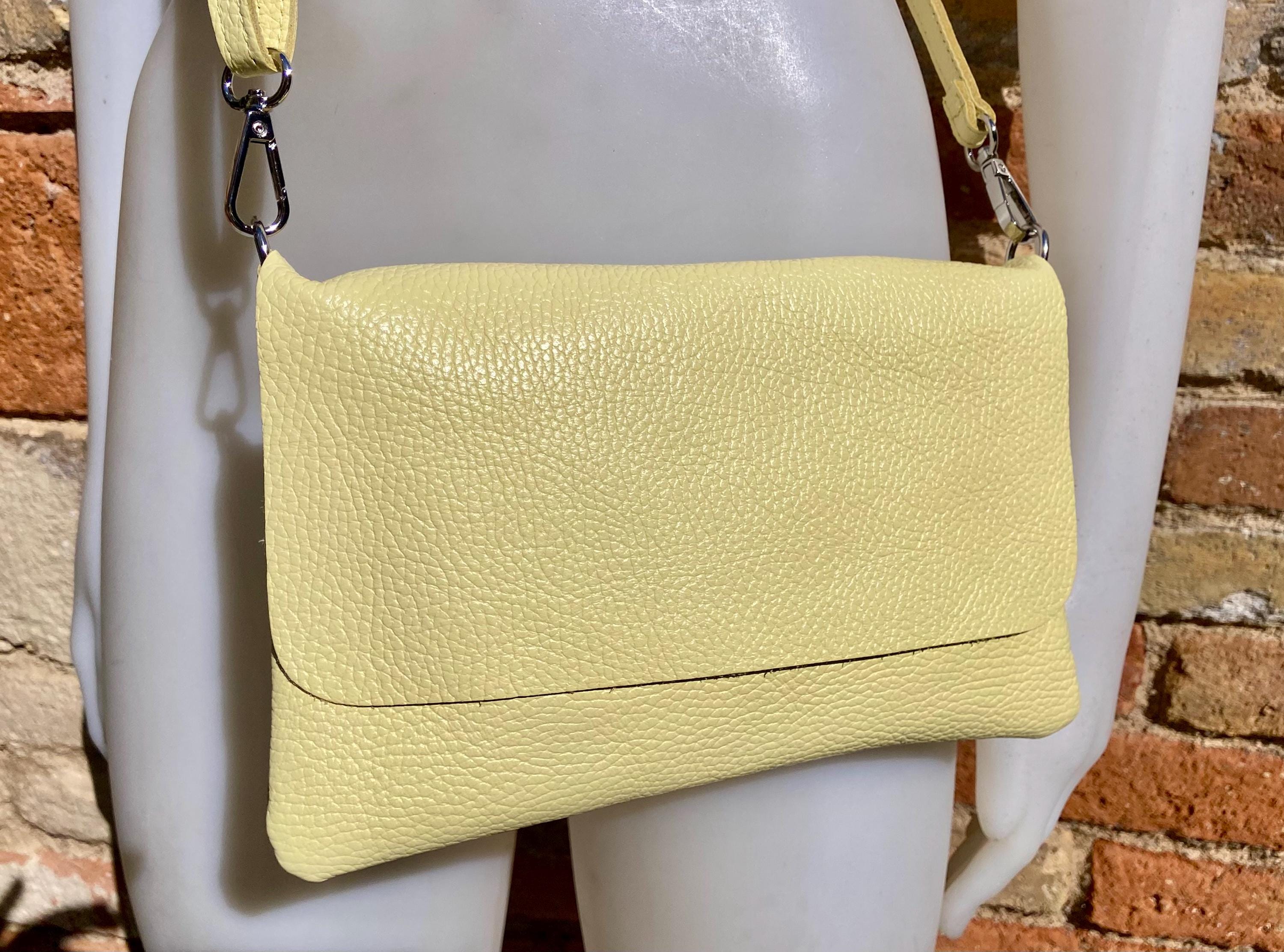 Small leather bag in light YELLOW.Cross body bag, shoulder bag in GENUINE leather. Yellow bag with adjustable strap, zipper and flap.