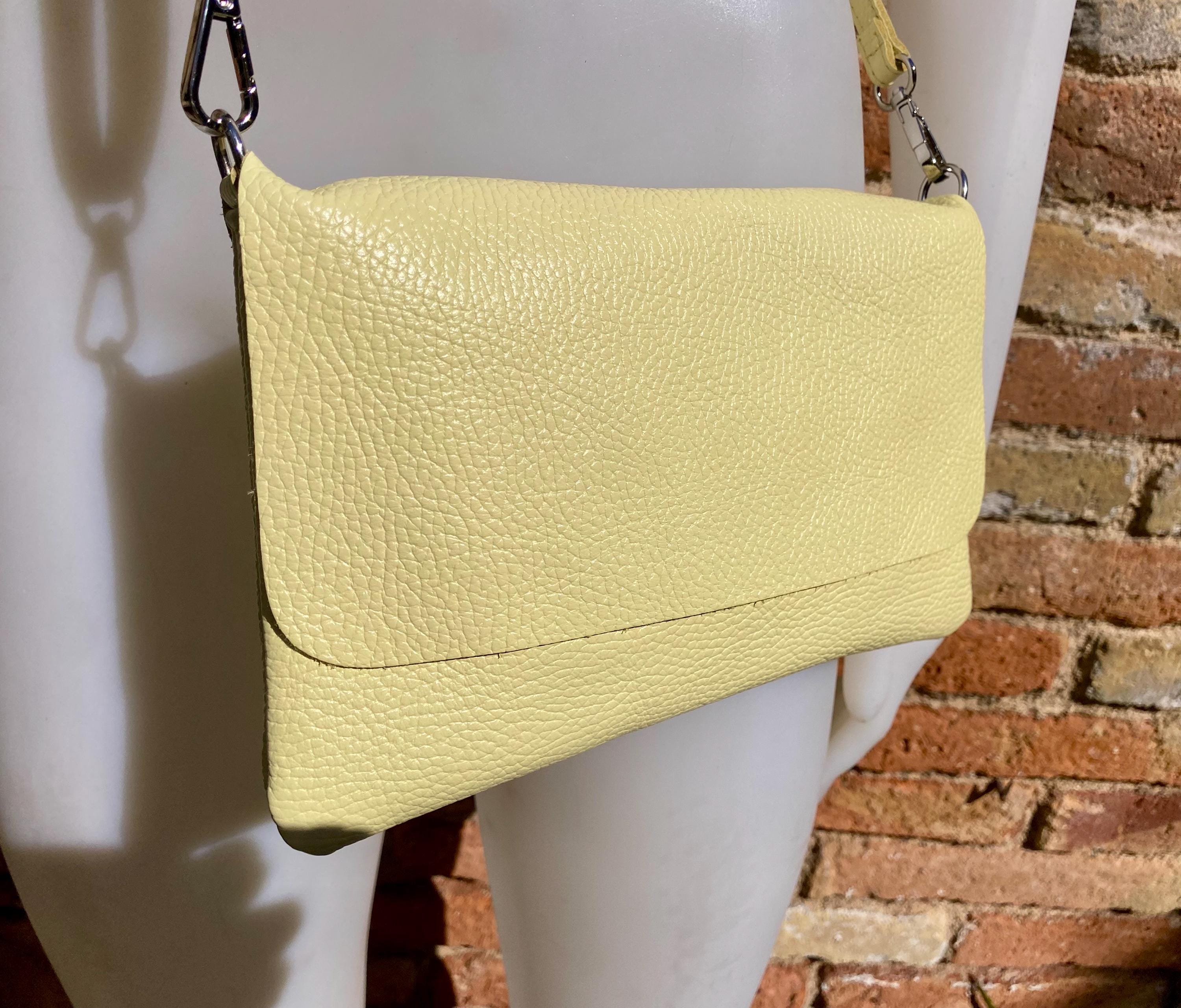 Small leather bag in light YELLOW.Cross body bag, shoulder bag in GENUINE leather. Yellow bag with adjustable strap, zipper and flap.