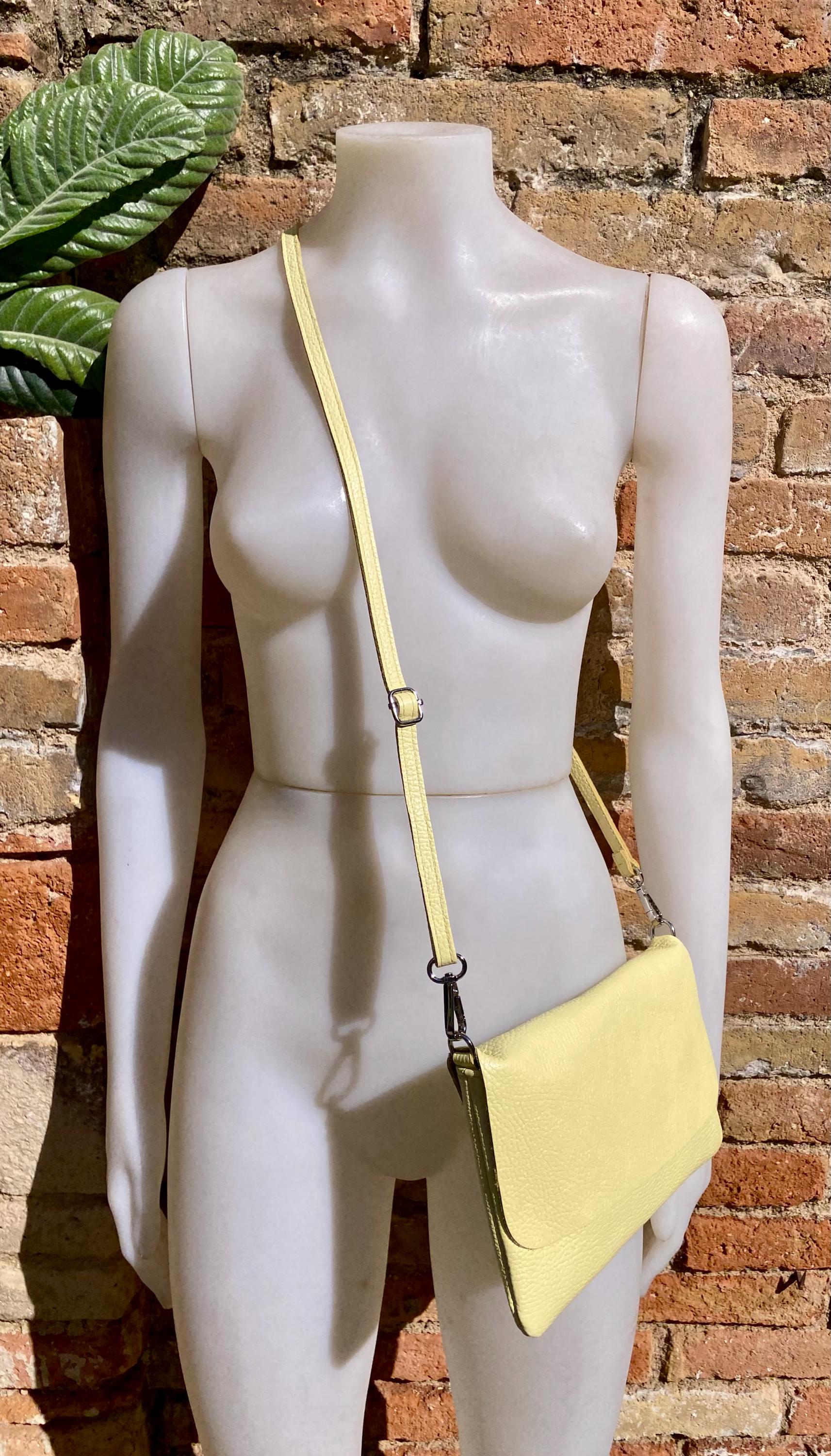 Small leather bag in light YELLOW.Cross body bag, shoulder bag in GENUINE leather. Yellow bag with adjustable strap, zipper and flap.