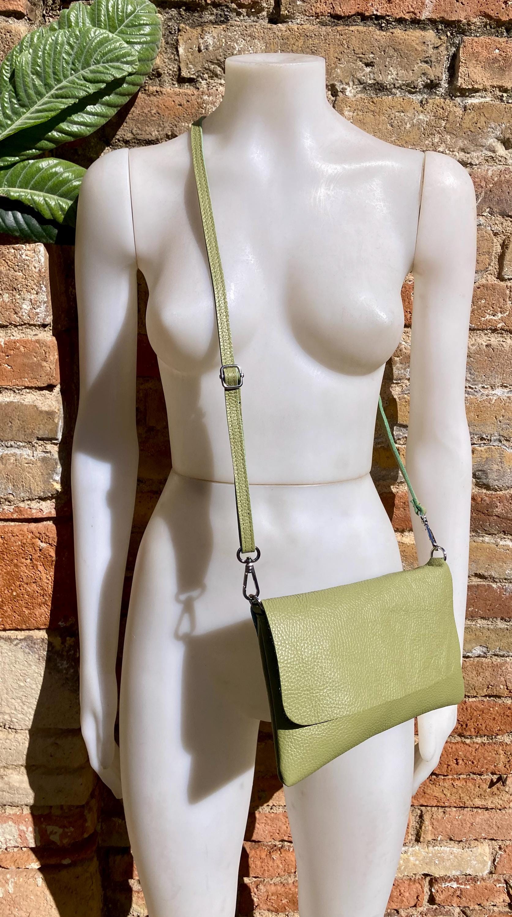 Small leather bag in light green. GENUINE leather cross body / shoulder bag in green, leather bag with adjustable strap, zipper and flap