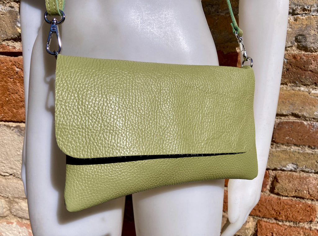 Small leather bag in light green. GENUINE leather cross body / shoulder bag in green, leather bag with adjustable strap, zipper and flap