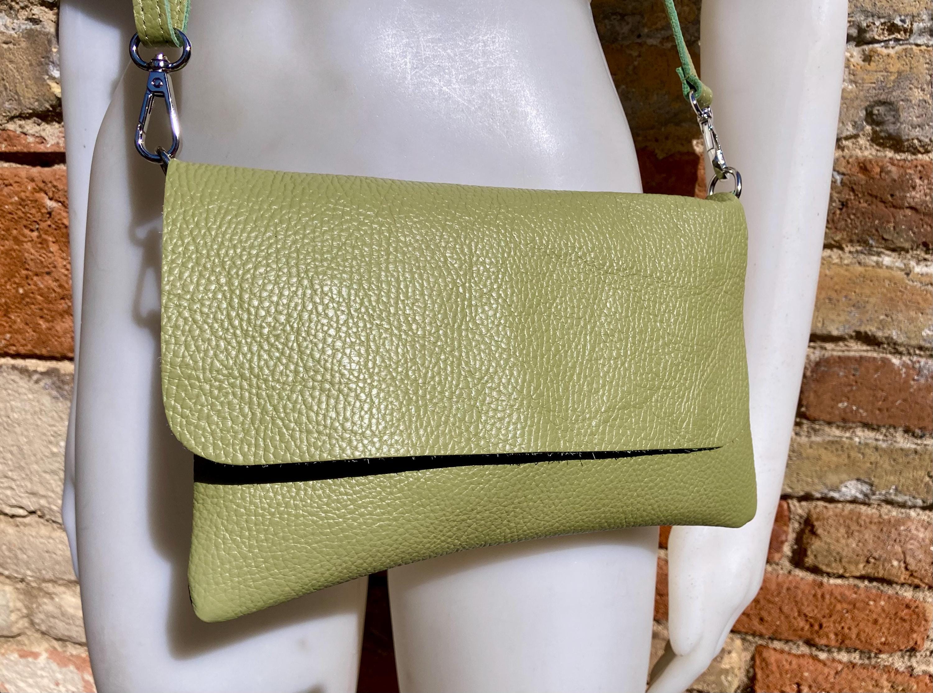 Small leather bag in light green. GENUINE leather cross body / shoulder bag in green, leather bag with adjustable strap, zipper and flap