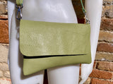 Small leather bag in light green. GENUINE leather cross body / shoulder bag in green, leather bag with adjustable strap, zipper and flap