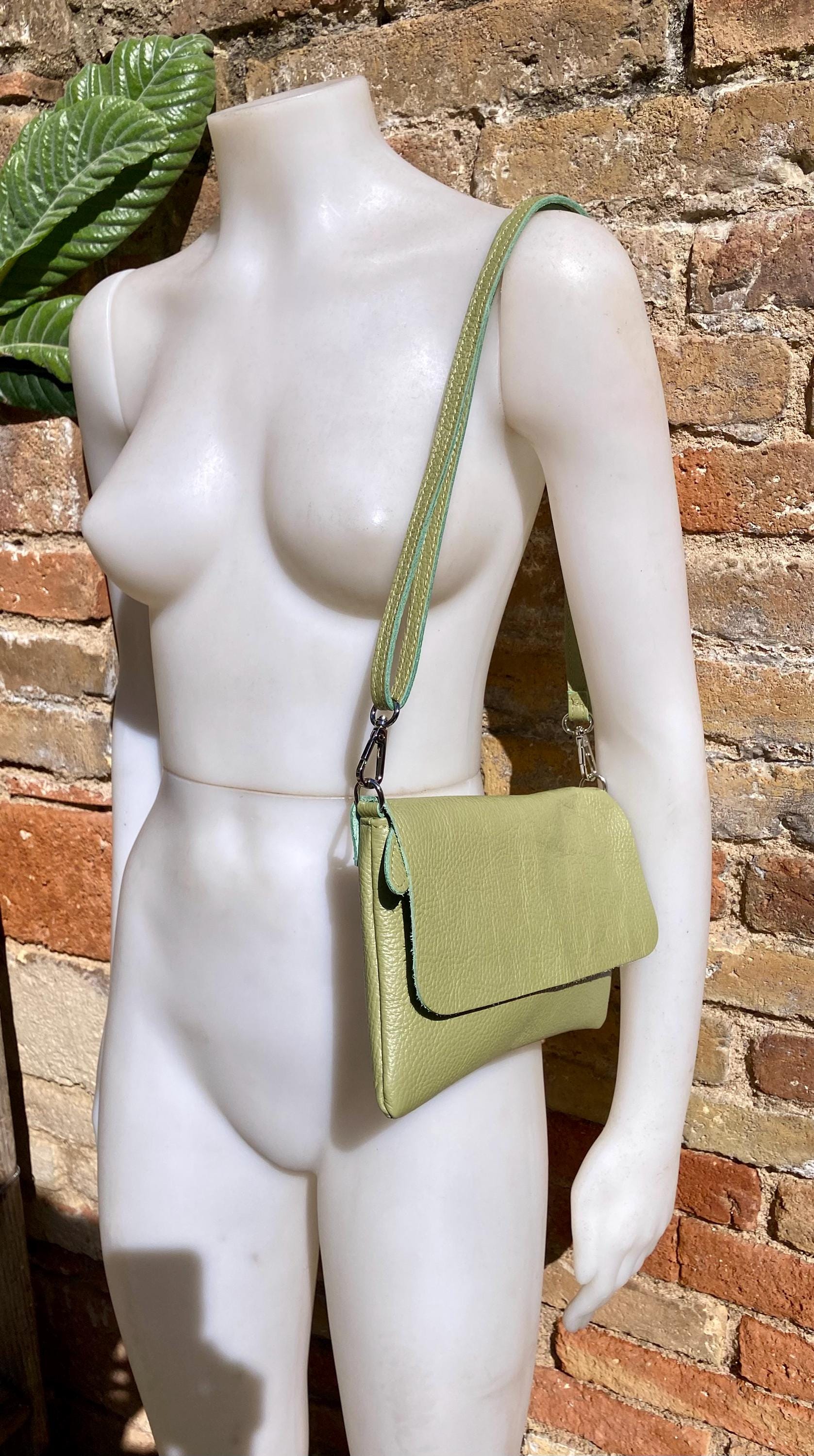 Small leather bag in light green. GENUINE leather cross body / shoulder bag in green, leather bag with adjustable strap, zipper and flap