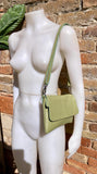 Small leather bag in light green. GENUINE leather cross body / shoulder bag in green, leather bag with adjustable strap, zipper and flap
