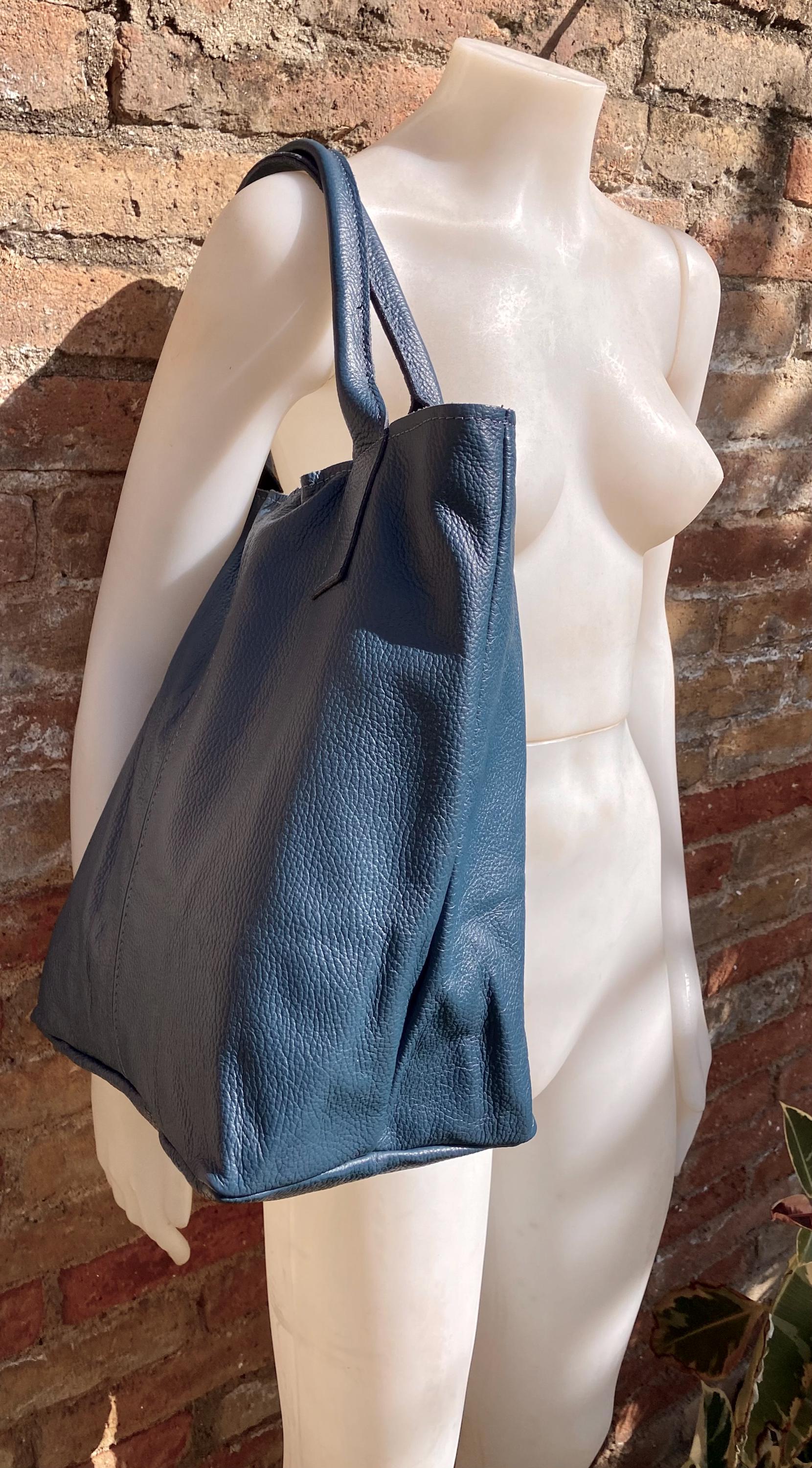 TEAL blue tote leather shopper in GENUINE leather. Large blue carry all tote bag for your laptop, books. Leather shopper w/ lining + zipper