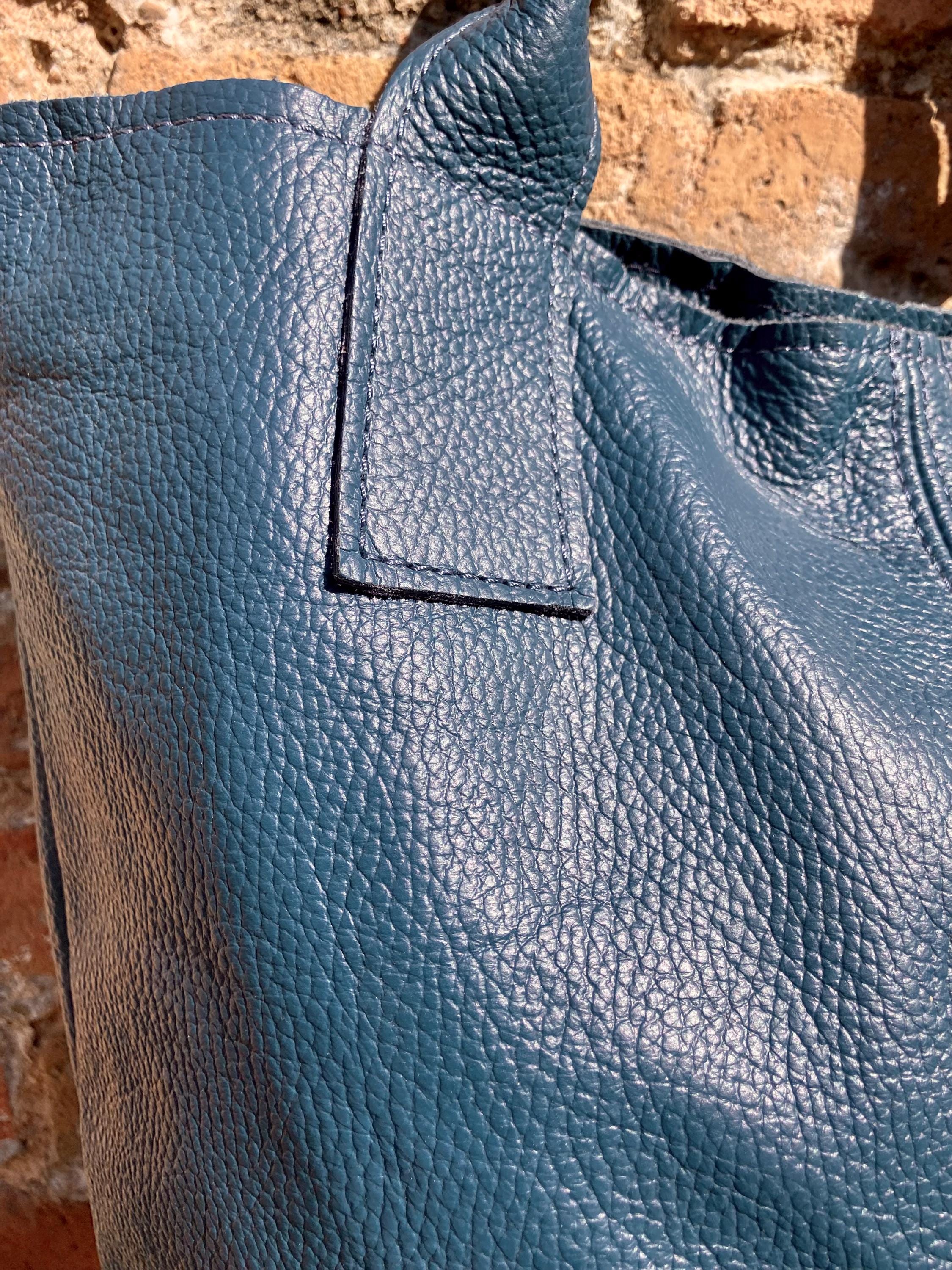 TEAL blue tote leather shopper in GENUINE leather. Large blue carry all tote bag for your laptop, books. Leather shopper w/ lining + zipper
