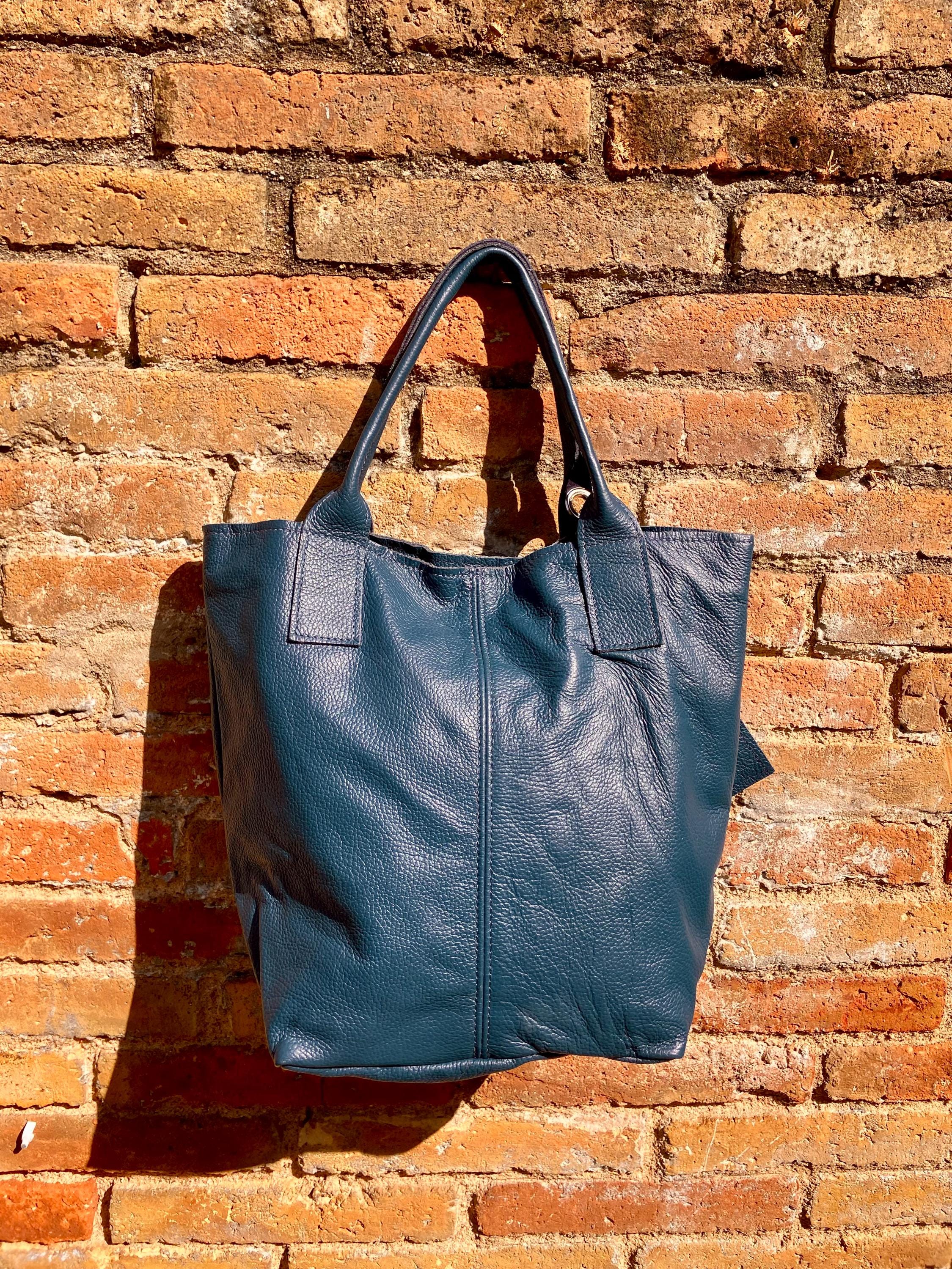 TEAL blue tote leather shopper in GENUINE leather. Large blue carry all tote bag for your laptop, books. Leather shopper w/ lining + zipper