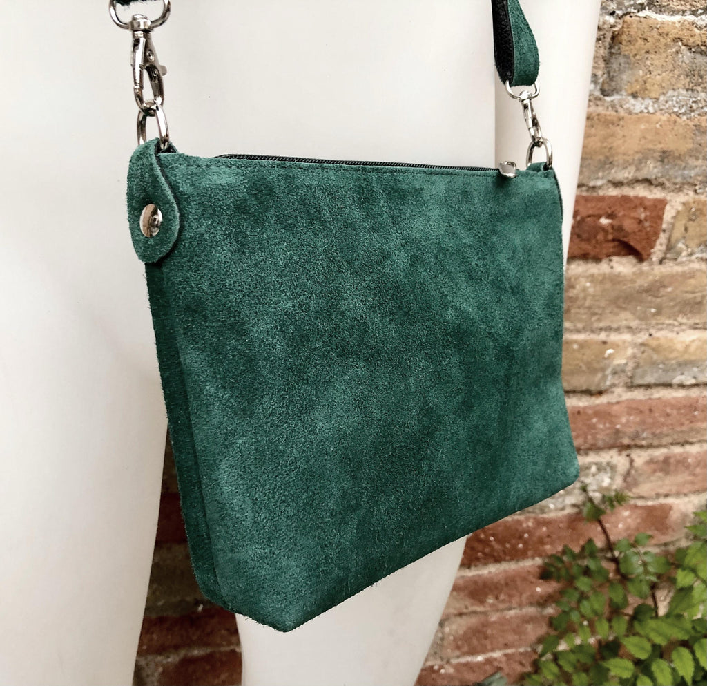 Dark green suede leather bag. Small crossbody / shoulder bag in GENUINE leather. Adjustable strap and zipper. Green suede purse