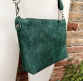 Dark green suede leather bag. Small crossbody / shoulder bag in GENUINE leather. Adjustable strap and zipper. Green suede purse