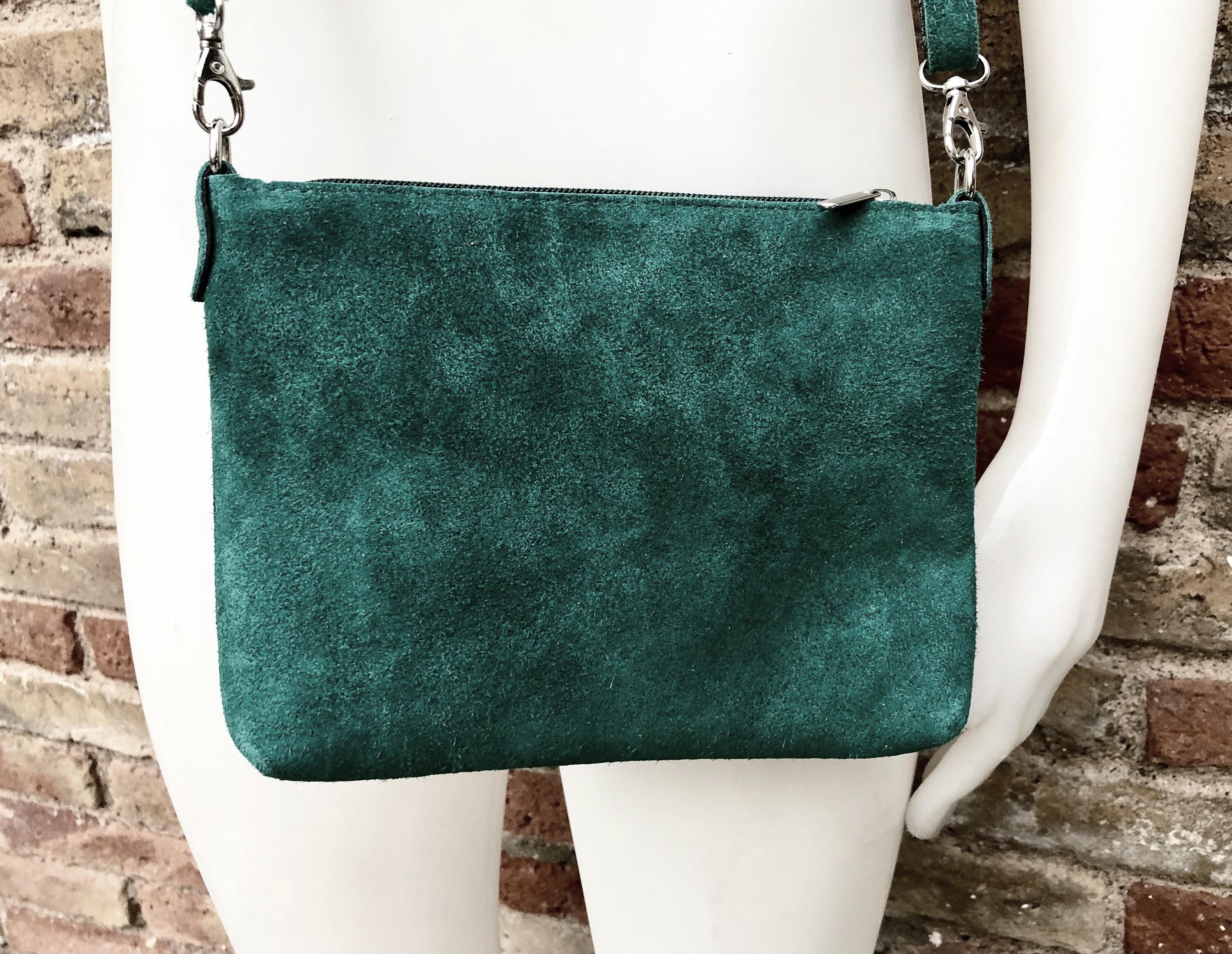 Dark green suede leather bag. Small crossbody / shoulder bag in GENUINE leather. Adjustable strap and zipper. Green suede purse