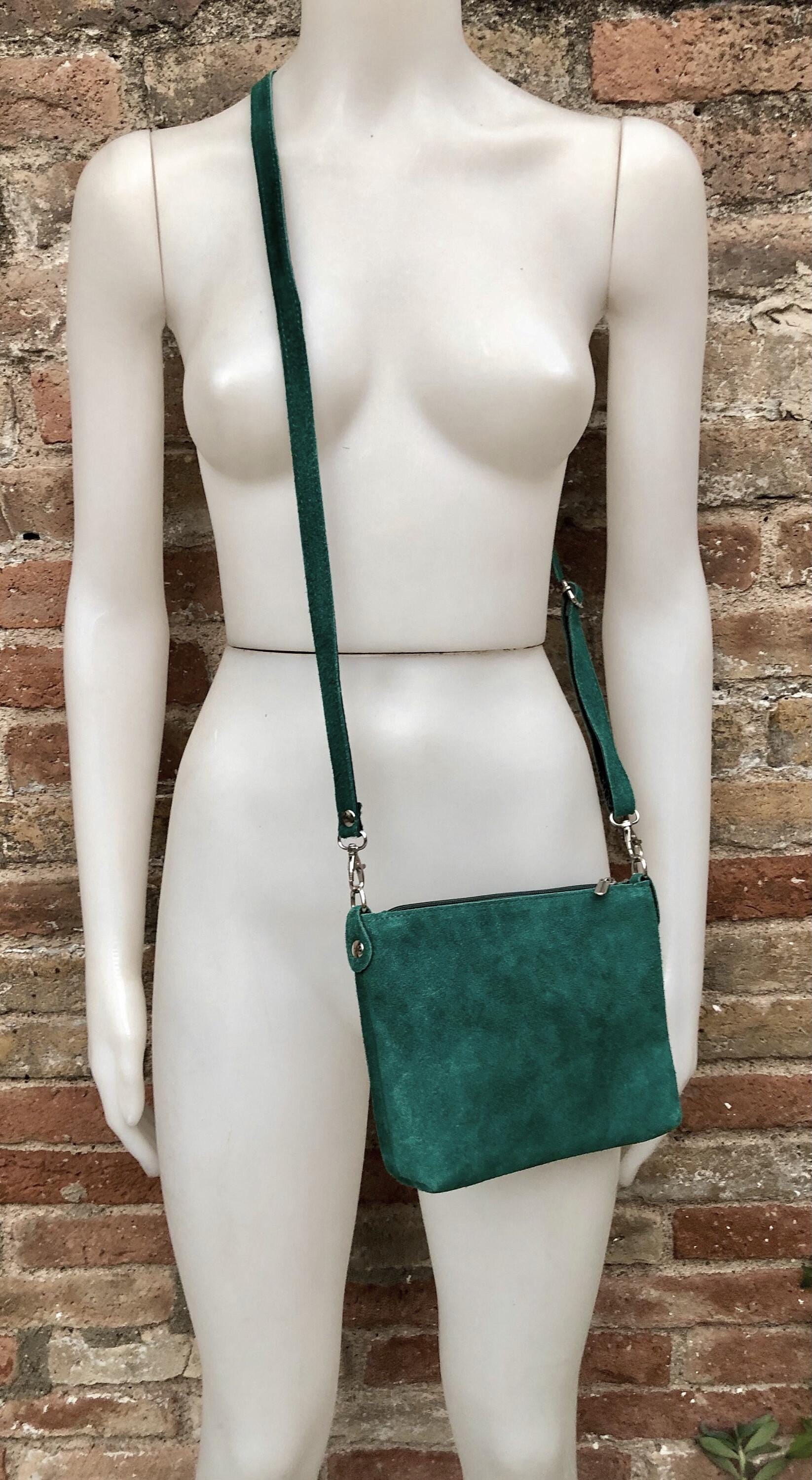 Dark green suede leather bag. Small crossbody / shoulder bag in GENUINE leather. Adjustable strap and zipper. Green suede purse